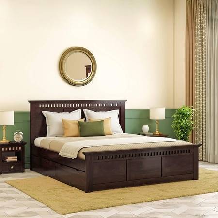 Fidora Solid Wood King Size Drawer Storage Bed In Mahogany Finish