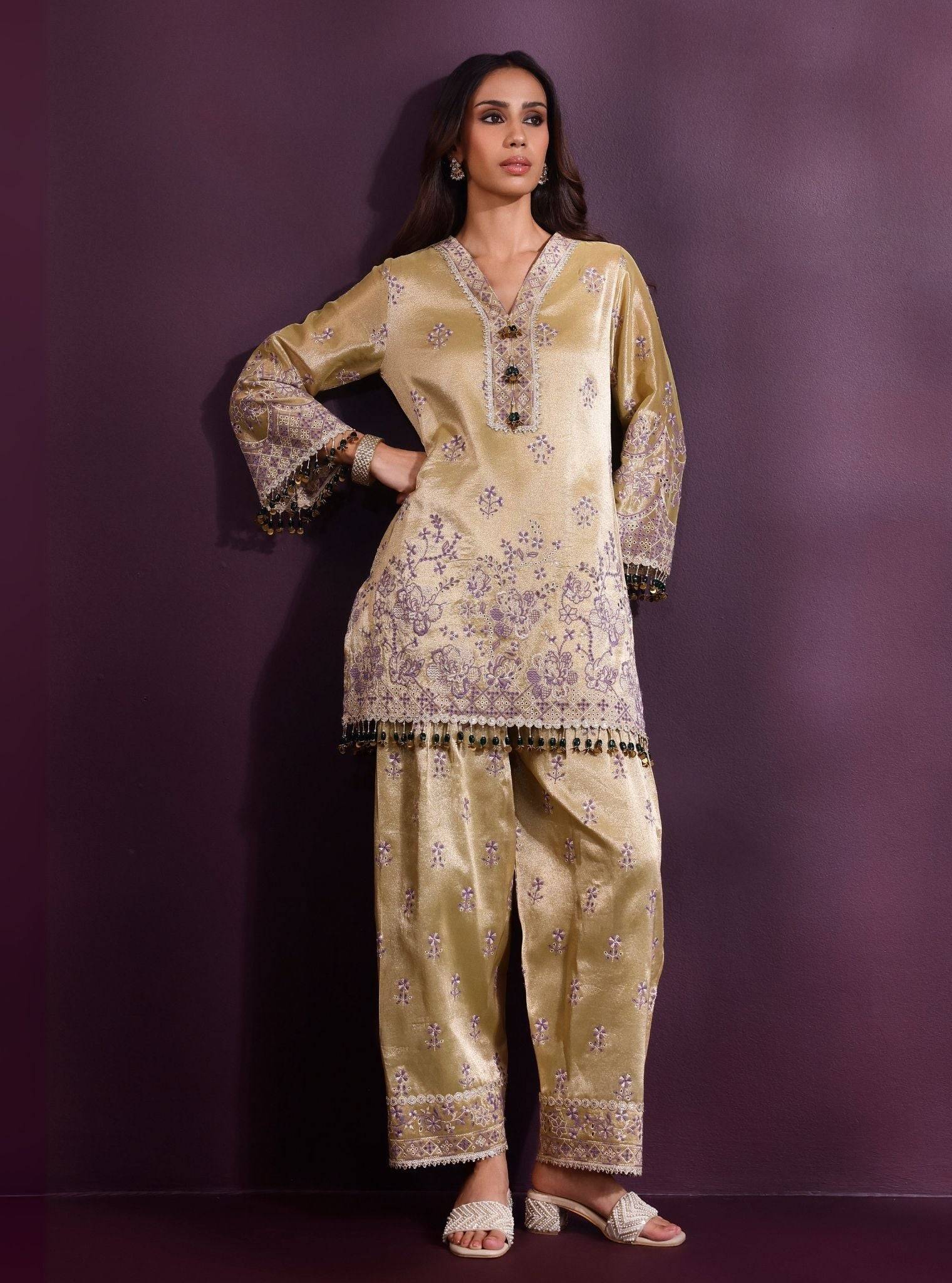 Lovi Tissue Pista Green Kurta With Farshi Salwar