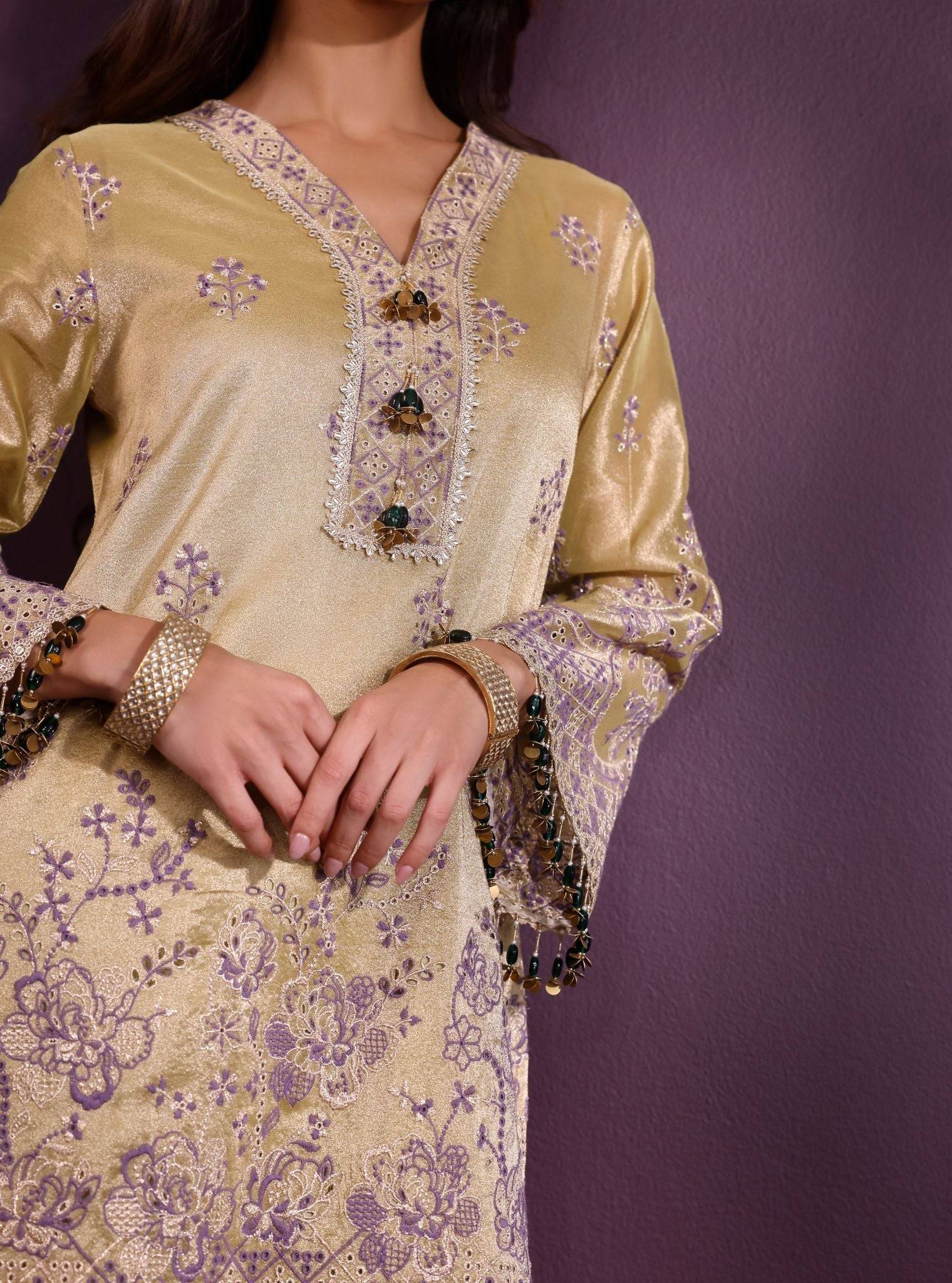 Lovi Tissue Pista Green Kurta With Farshi Salwar