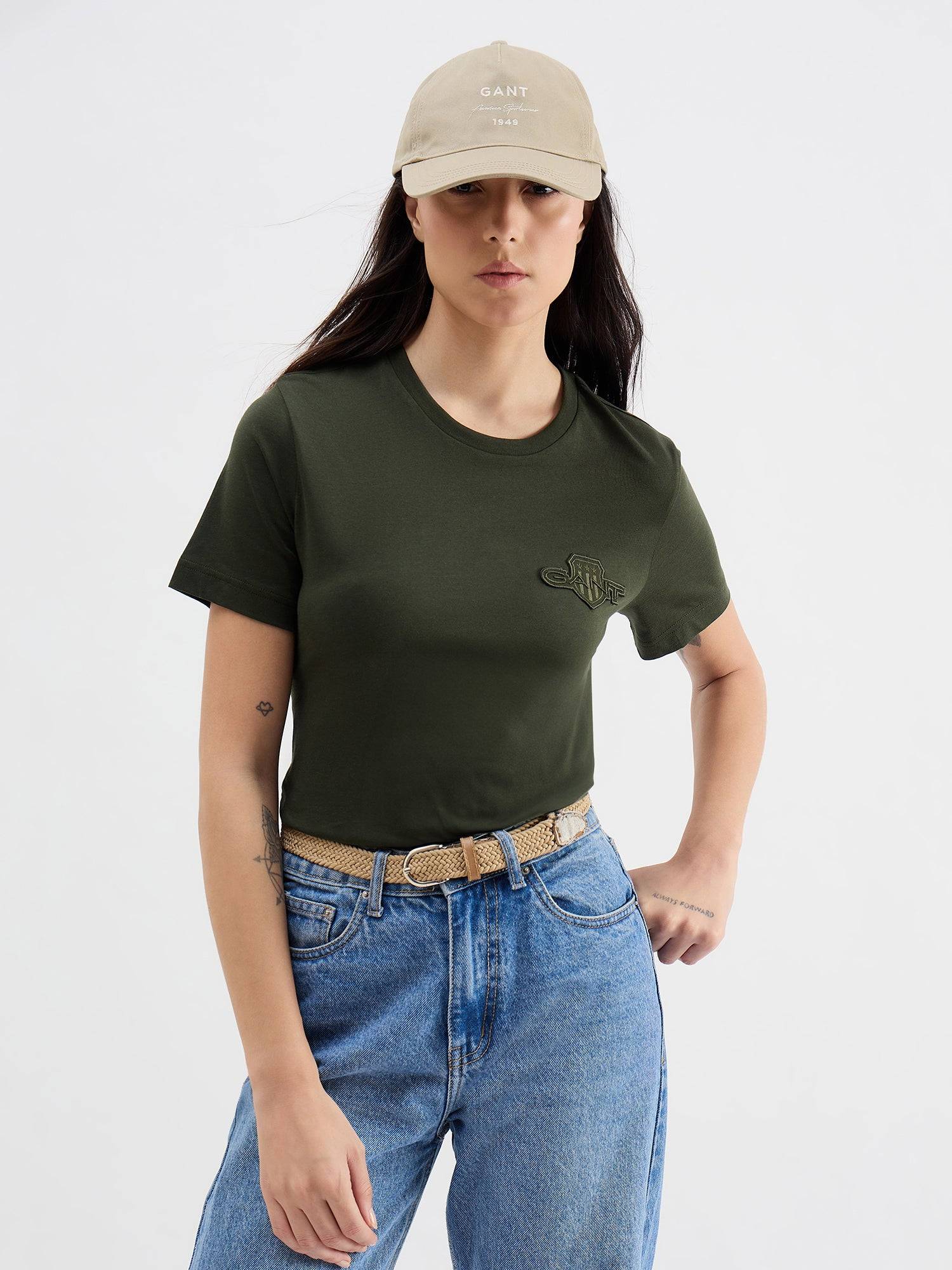 Gant Women Green Solid Crew Neck Tshirt