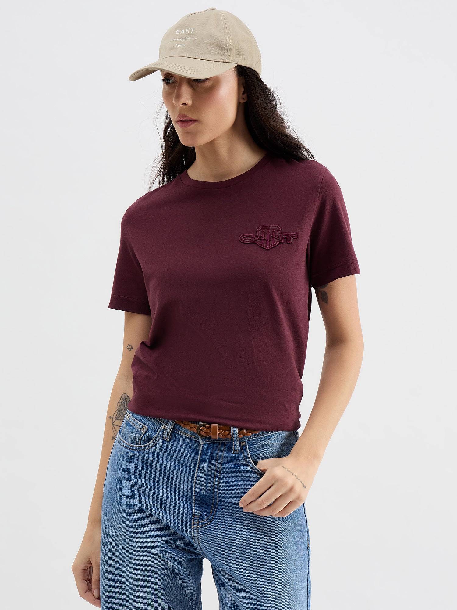 Gant Women Red Solid Crew Neck Tshirt