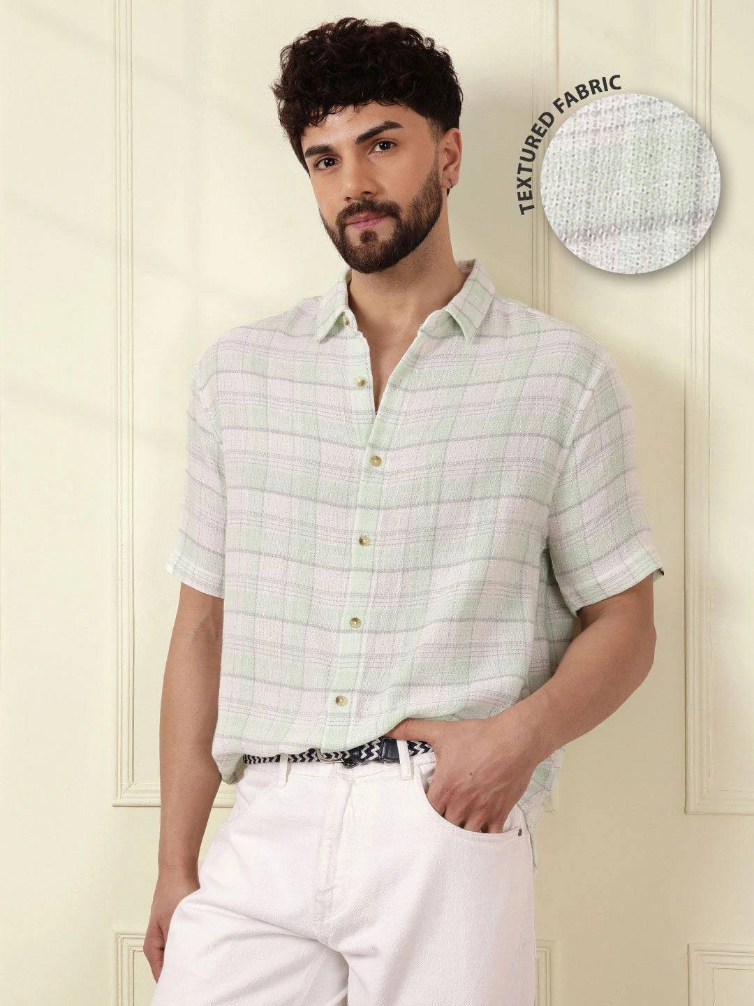 Checked Short Sleeve Textured Shirt | Light Green