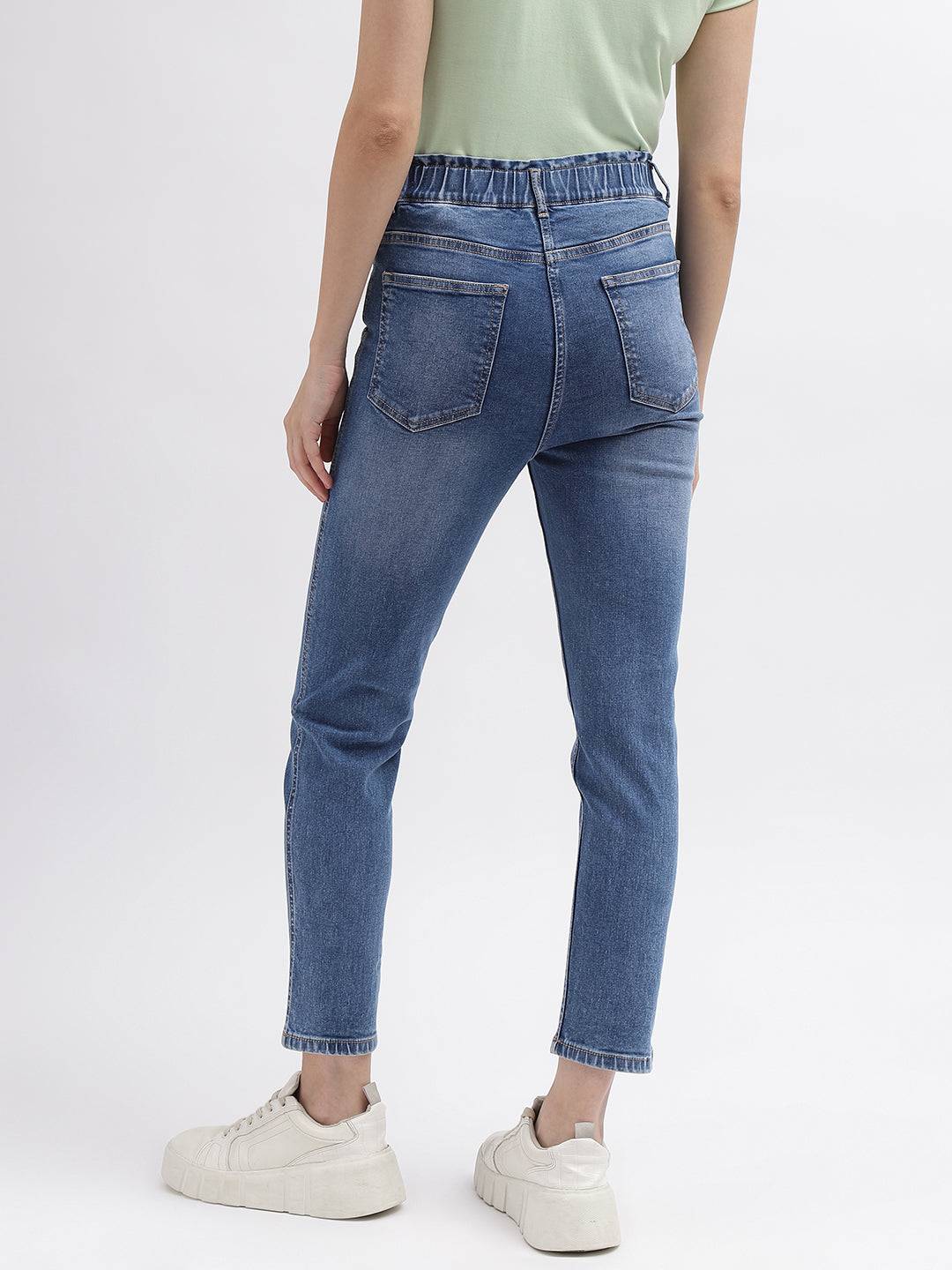 Elle Women Blue Solid Slim Straight Fit Mid-Rise Jeans