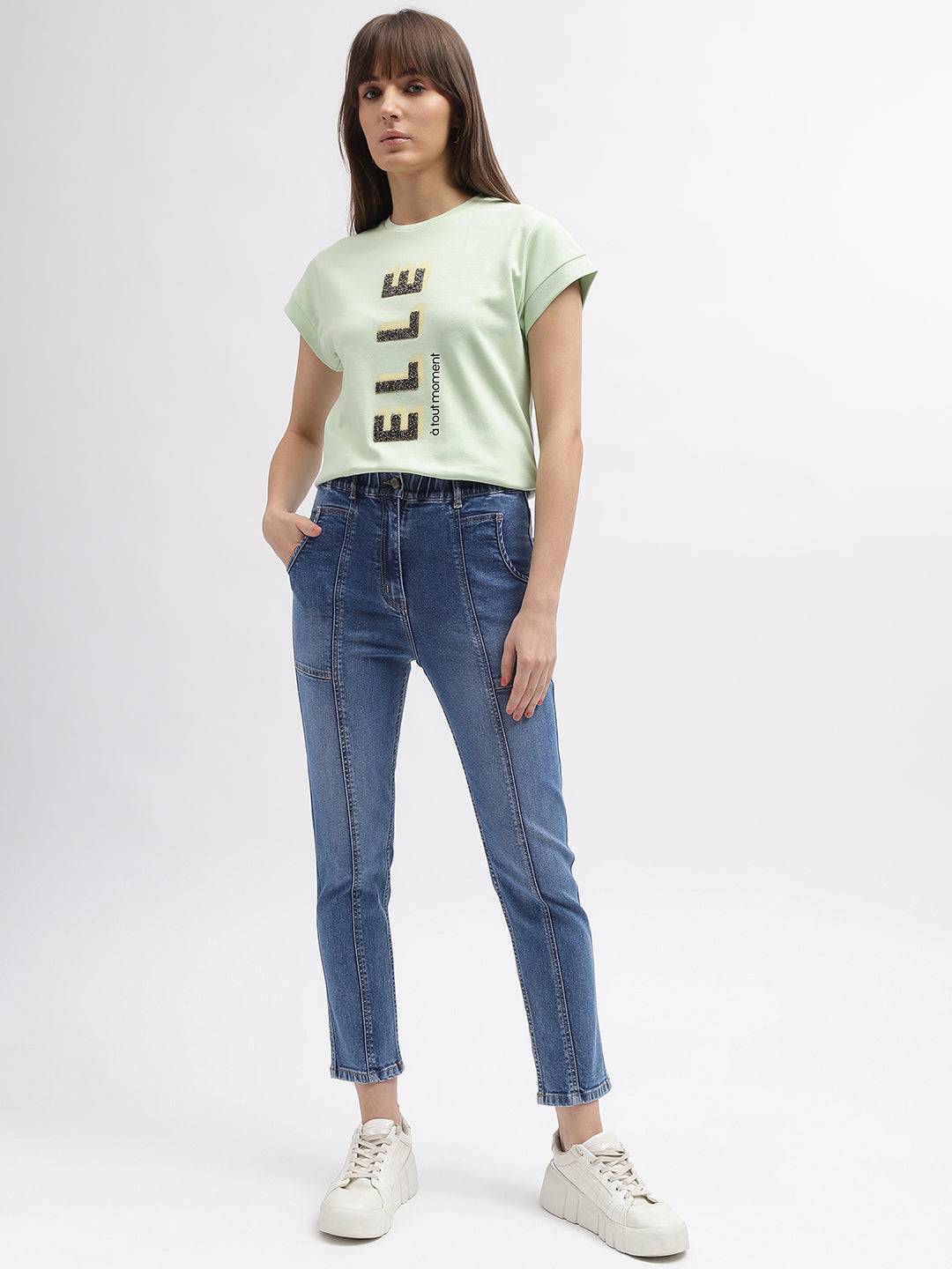 Elle Women Blue Solid Slim Straight Fit Mid-Rise Jeans