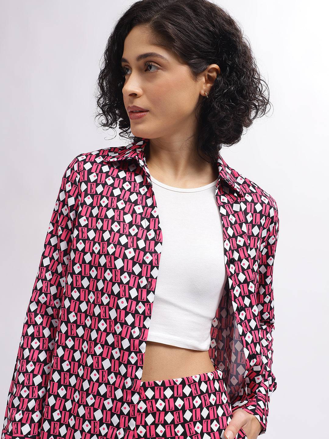 Elle Women Pink Printed Spread Collar Full Sleeves Shirt