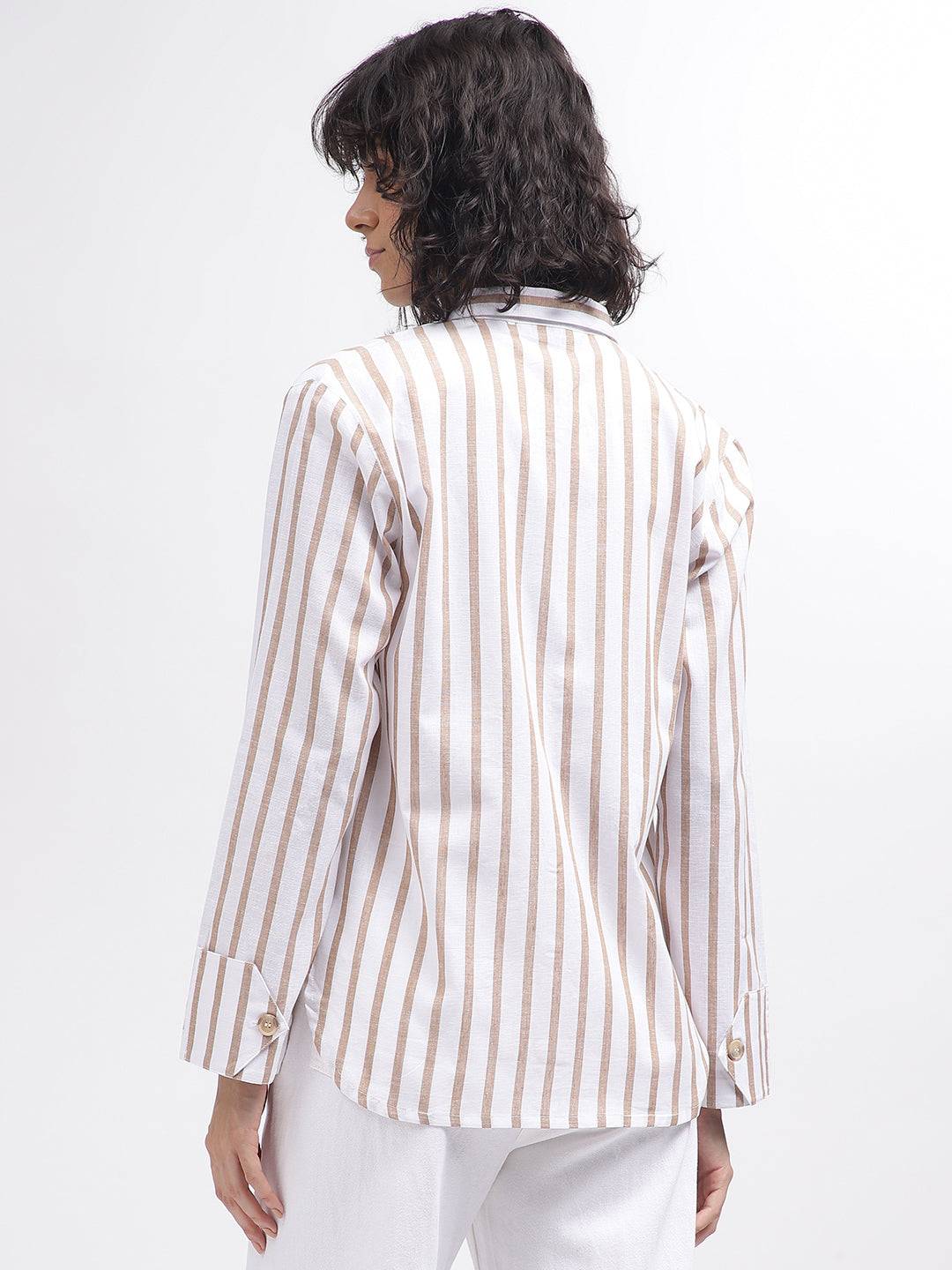 Elle Women White Striped Spread Collar Full Sleeves Shirt