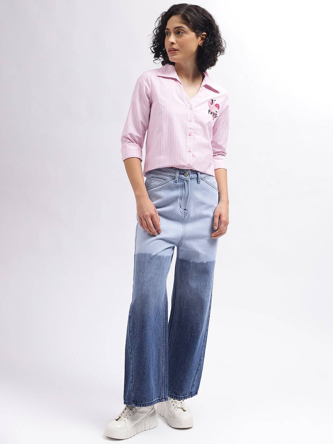 Elle Women Pink Striped Spread Collar Full Sleeves Shirt