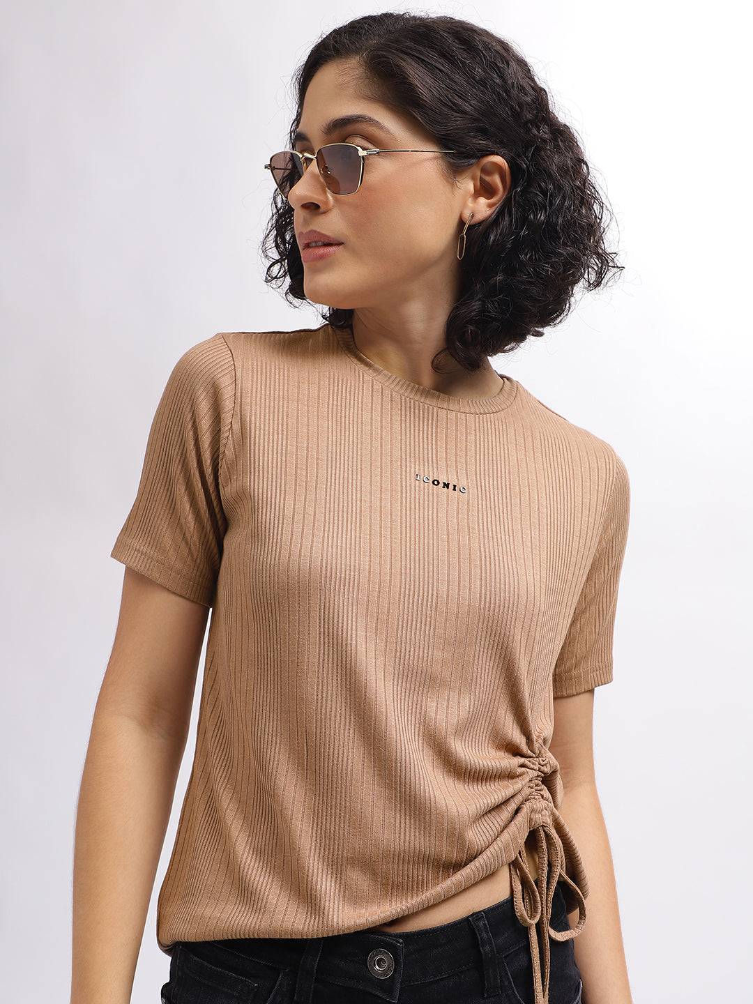 Iconic Women Brown Round Neck Tshirt