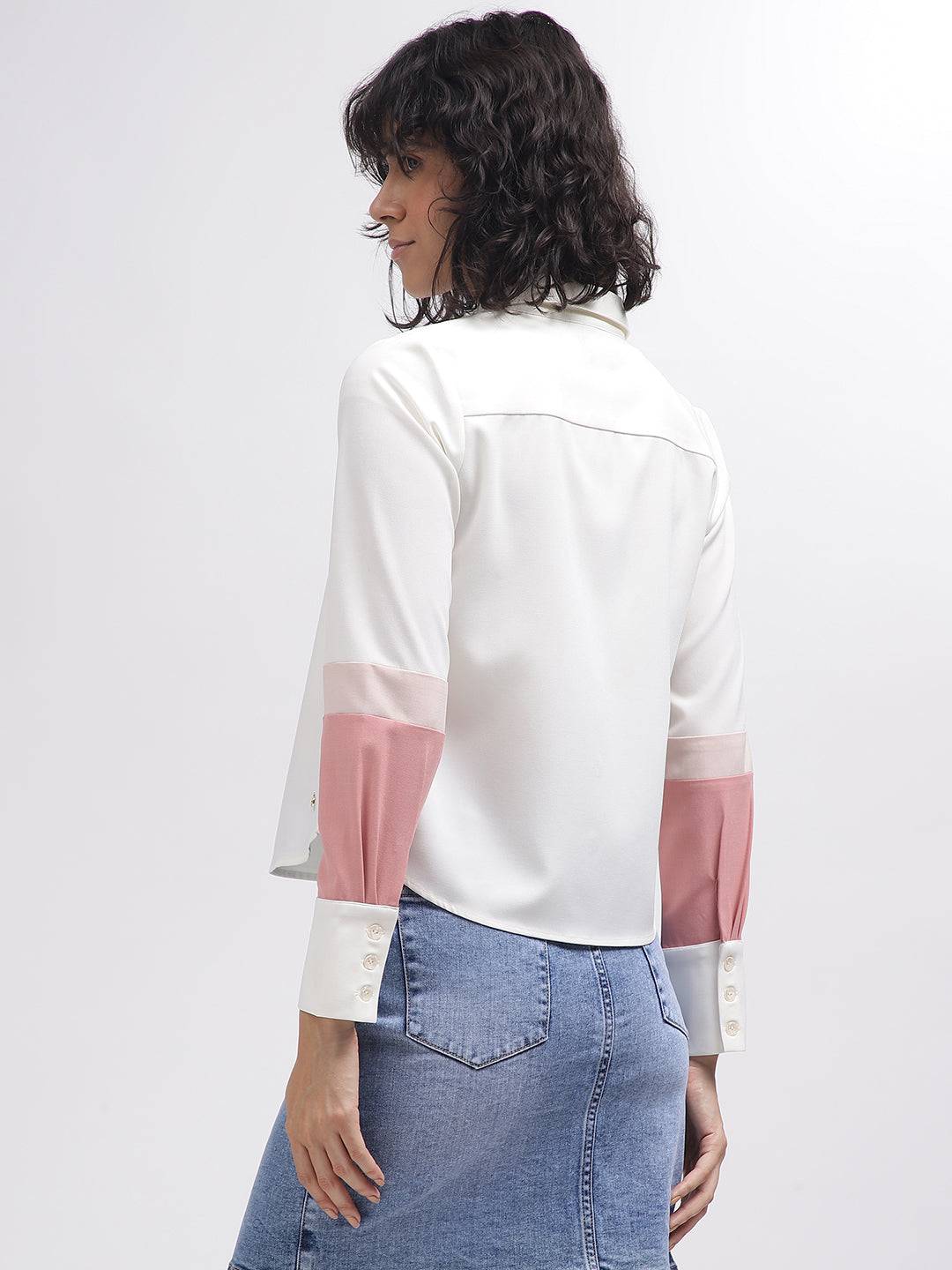 Iconic Women White Colour Blocked Spread Collar Full Sleeves Shirt