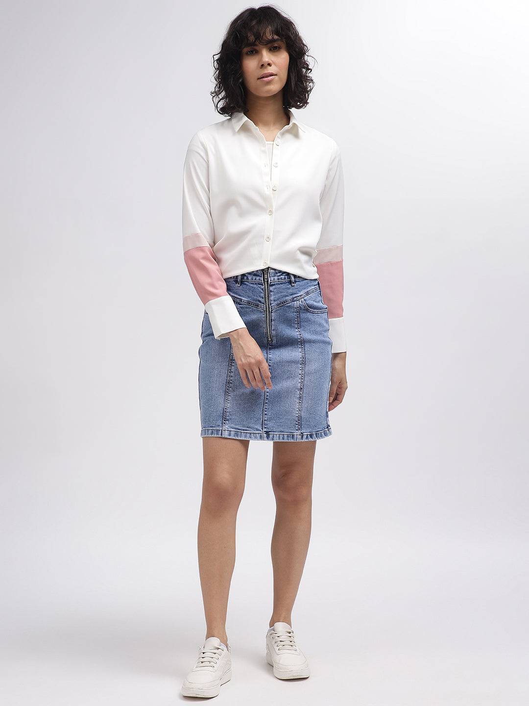 Iconic Women White Colour Blocked Spread Collar Full Sleeves Shirt