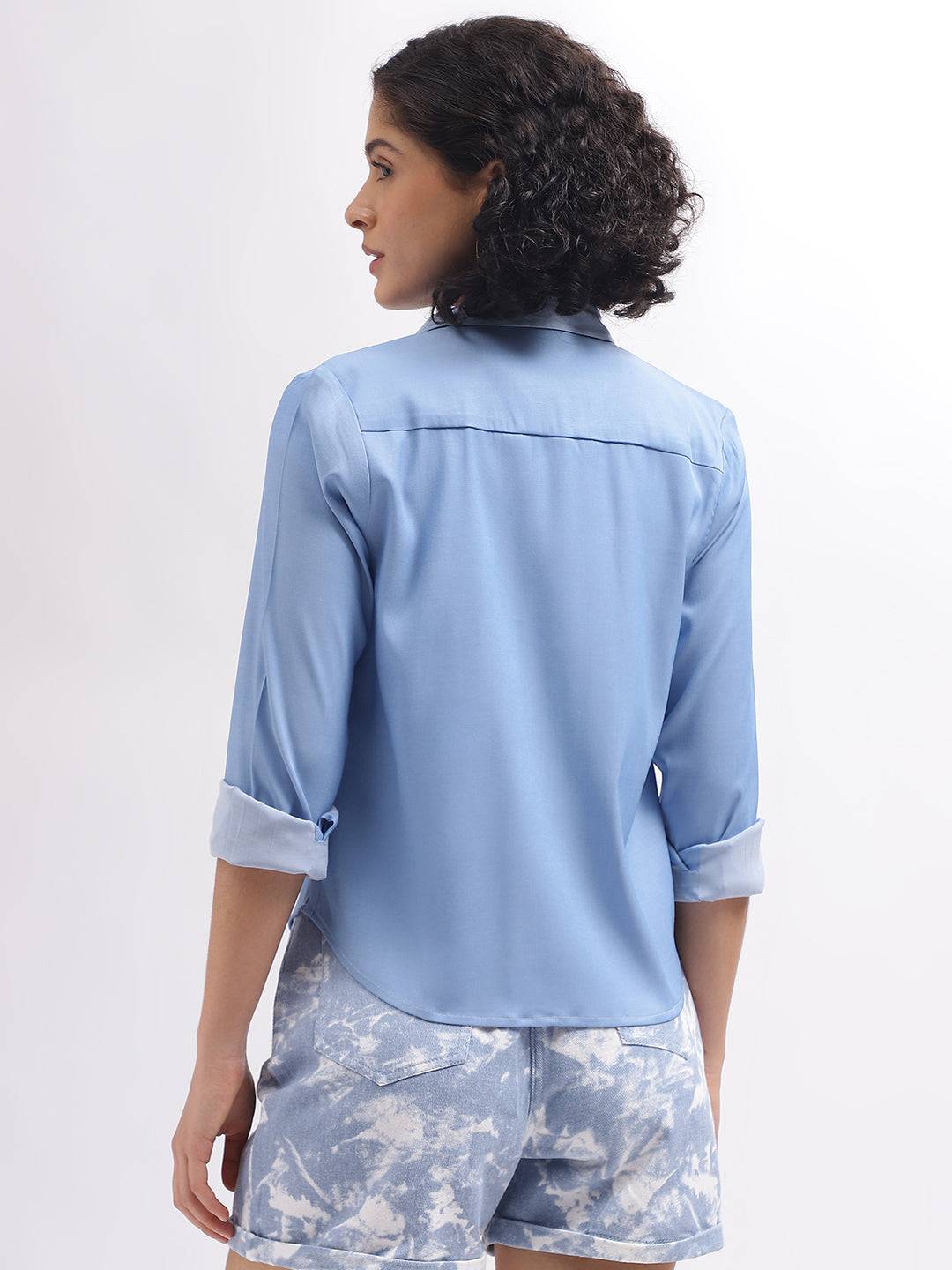 Iconic Women Blue Colour Blocked Spread Collar Full Sleeves Shirt