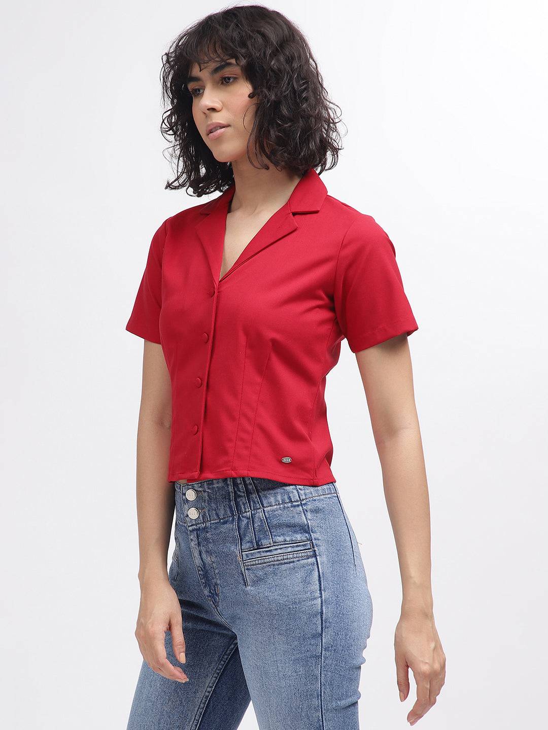 Elle Women Red Solid Resort Colar Short Sleeves Shirt