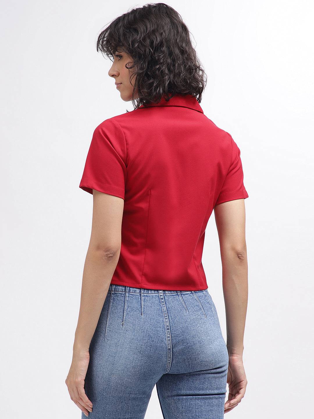 Elle Women Red Solid Resort Colar Short Sleeves Shirt