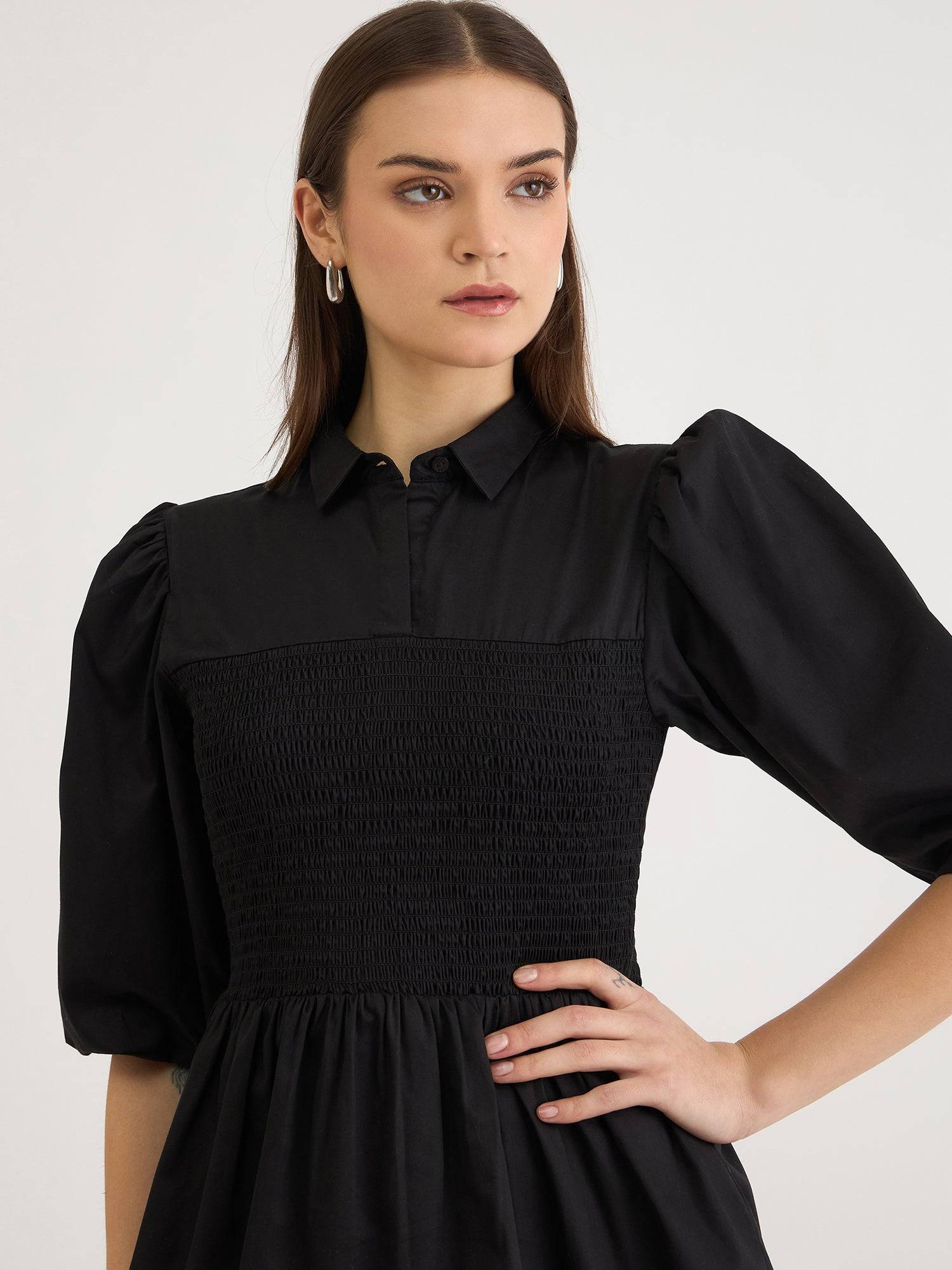 Elle Women Black Solid Collar Dress