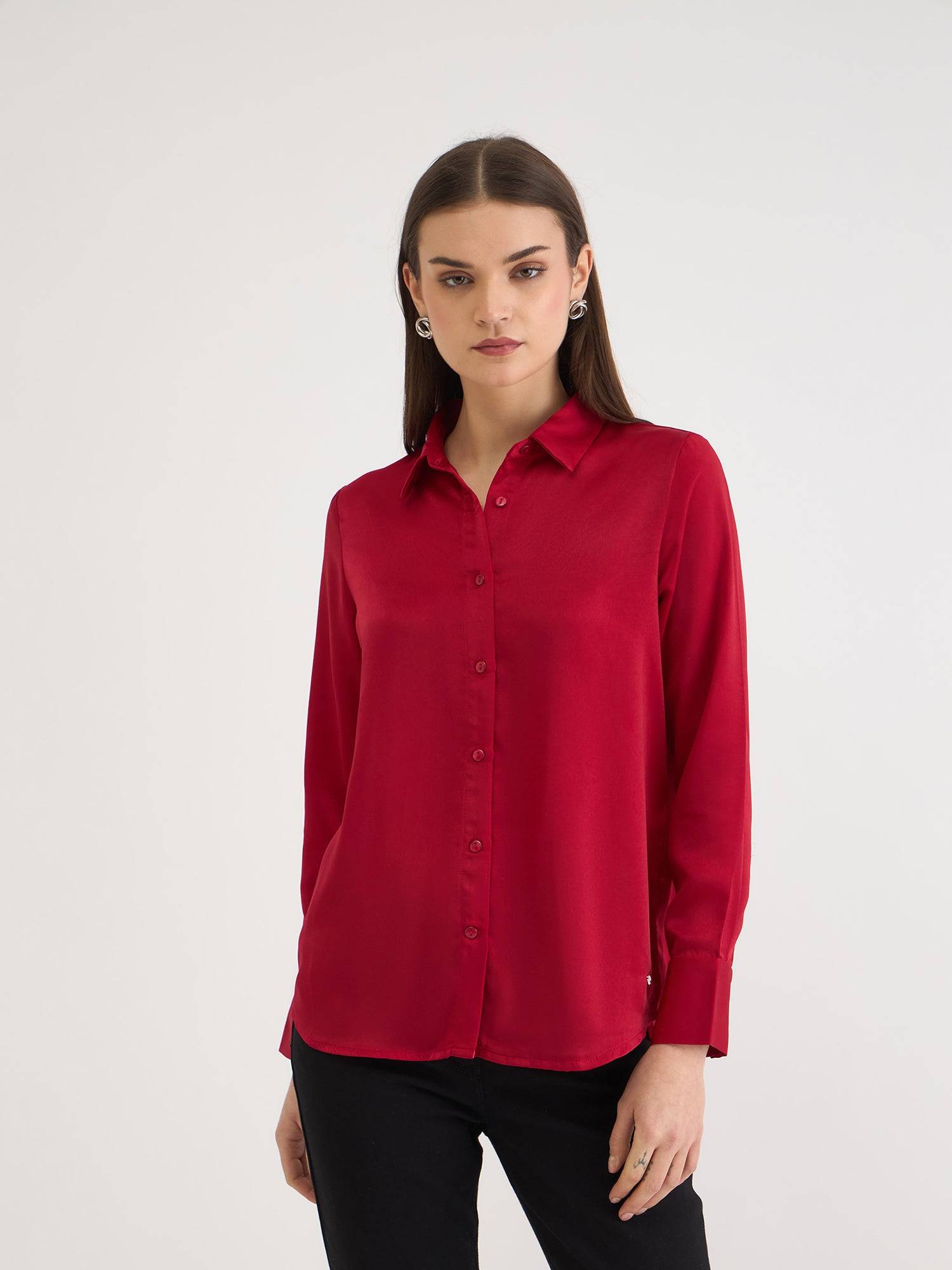 Elle Women Red Solid Collar Shirt