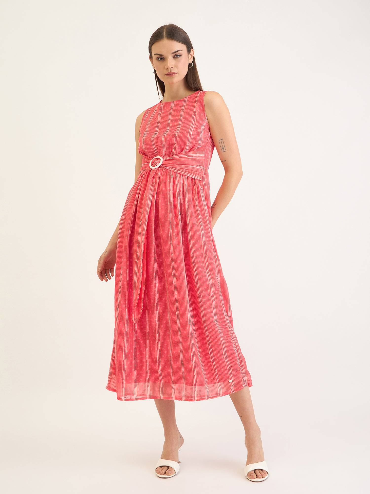 Elle Women Red Printed Round Neck Dress