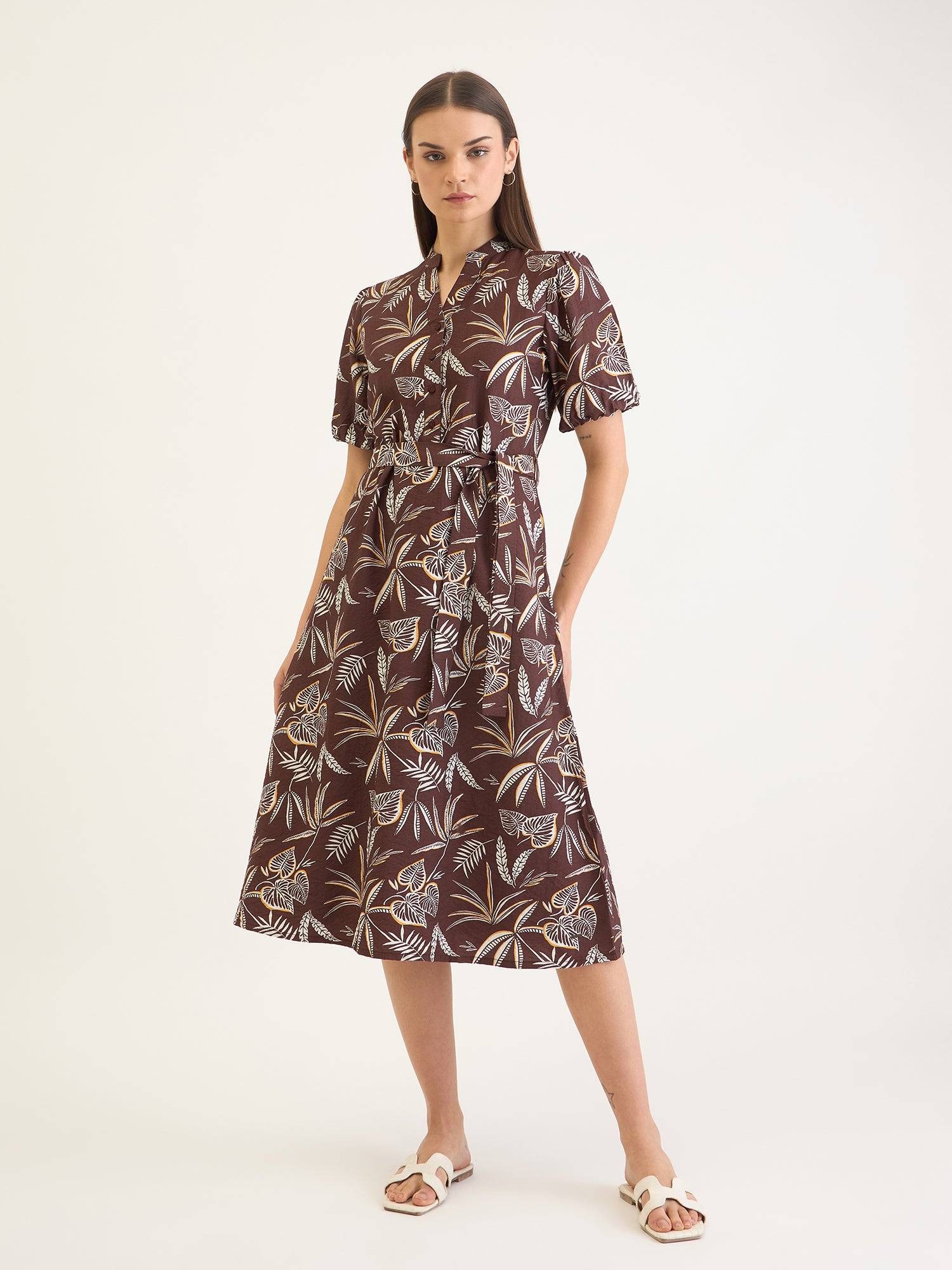 Elle Women Brown Aop V Neck Dress