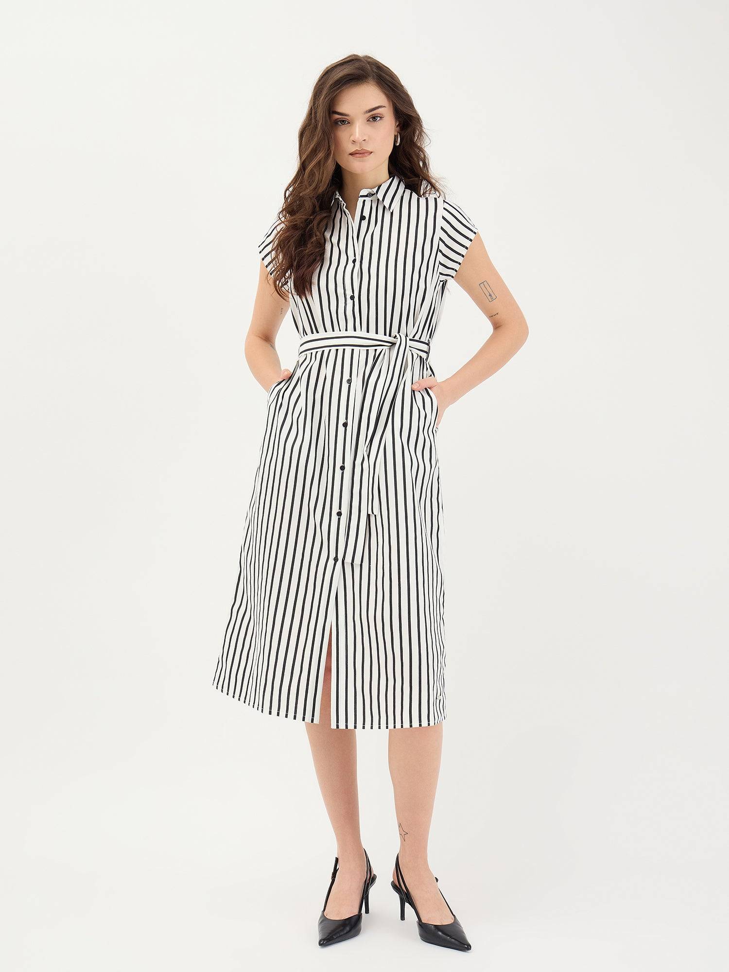 Elle Women Black Striped Collar Dress
