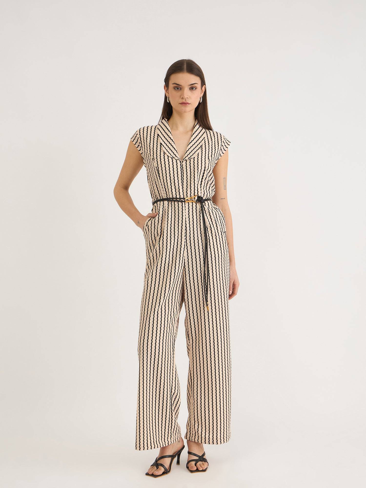 Elle Women Beige Striped V Neck Jumpsuit