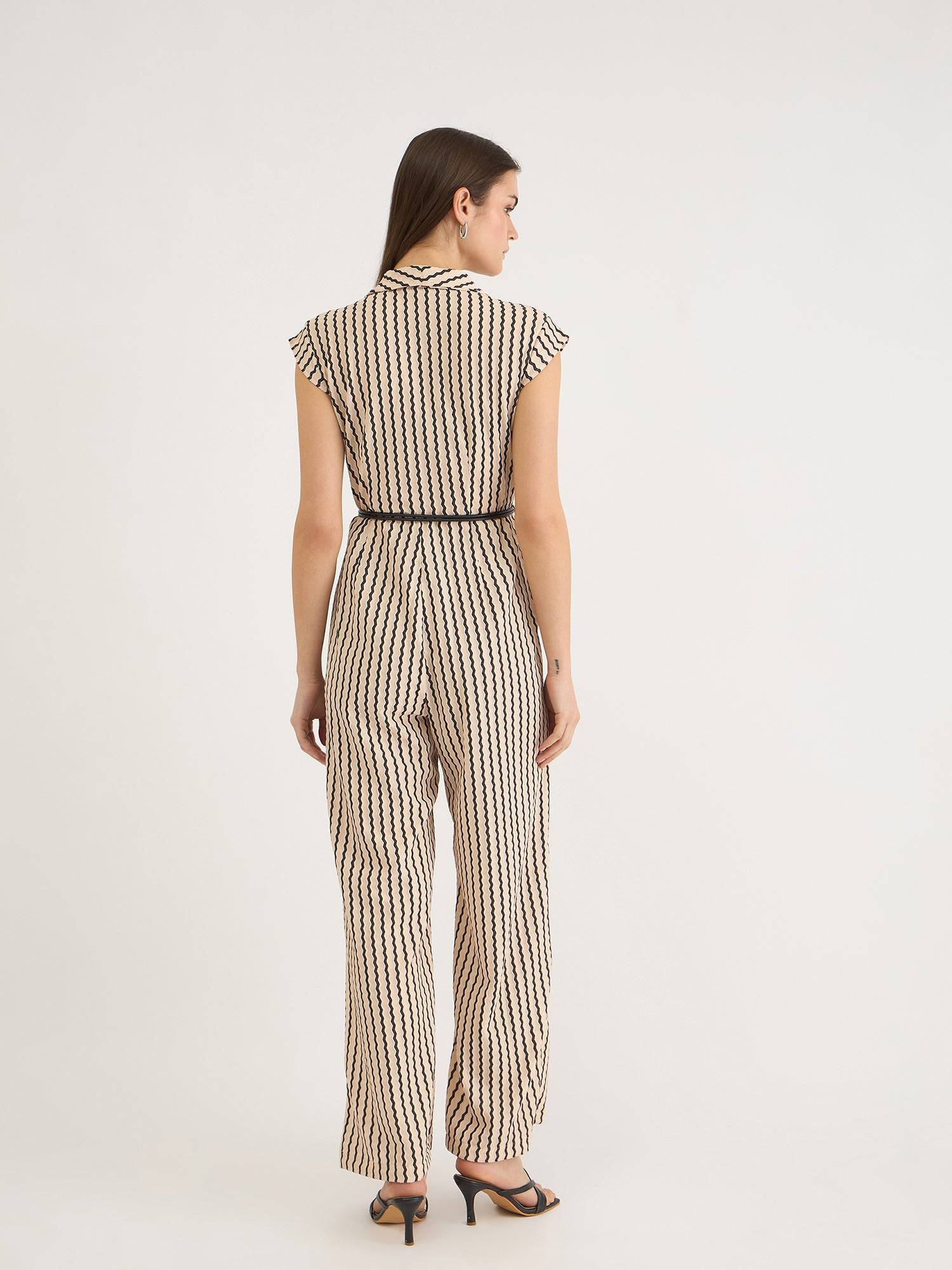 Elle Women Beige Striped V Neck Jumpsuit