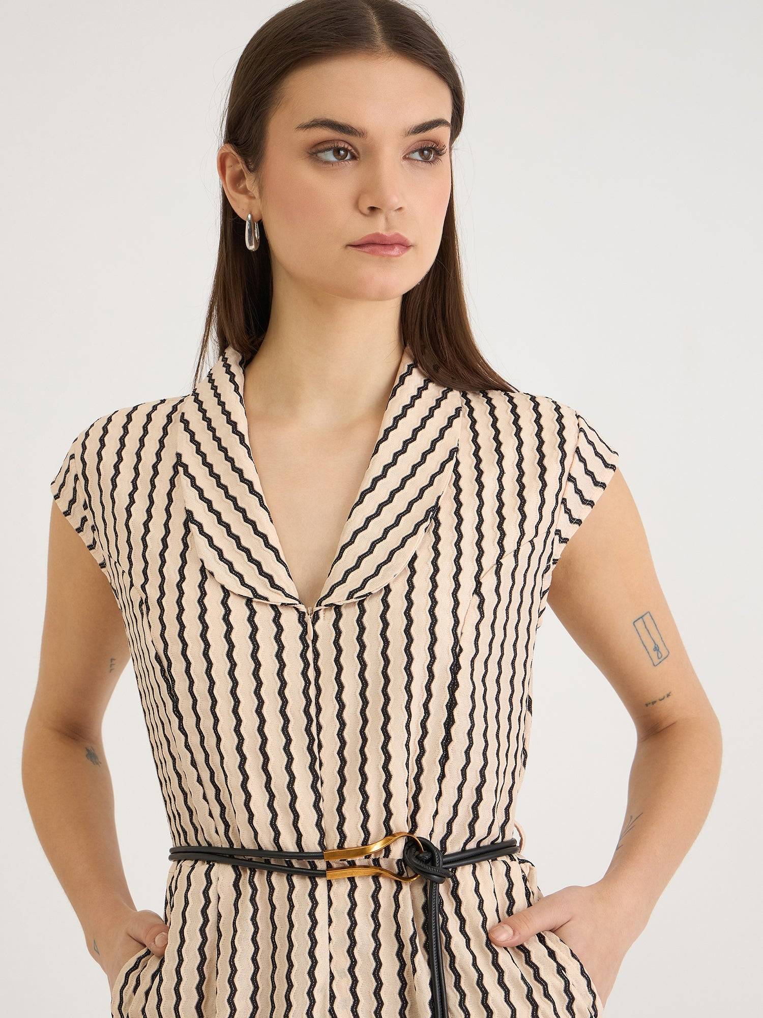 Elle Women Beige Striped V Neck Jumpsuit