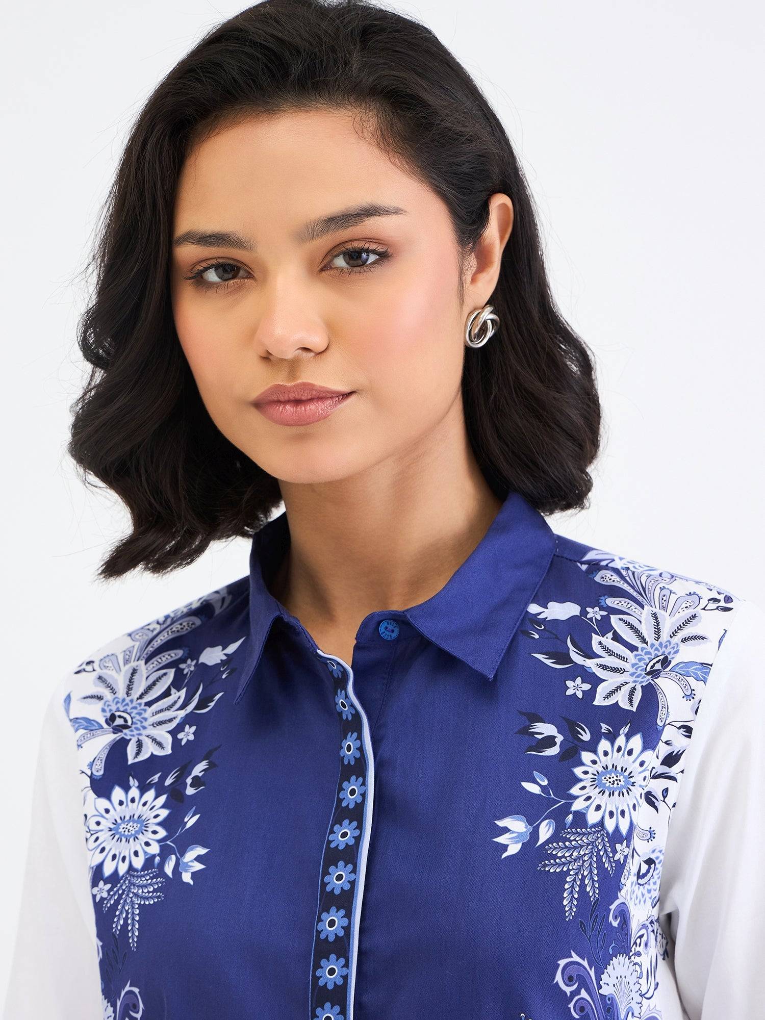 Elle Women Blue Printed Collar Shirt