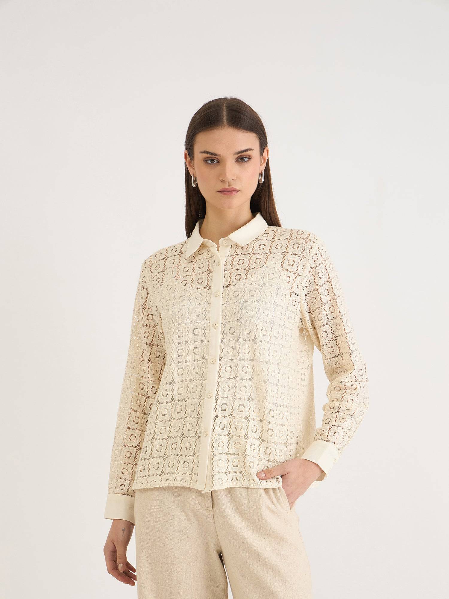 Elle Women Beige Textured Collar Shirt