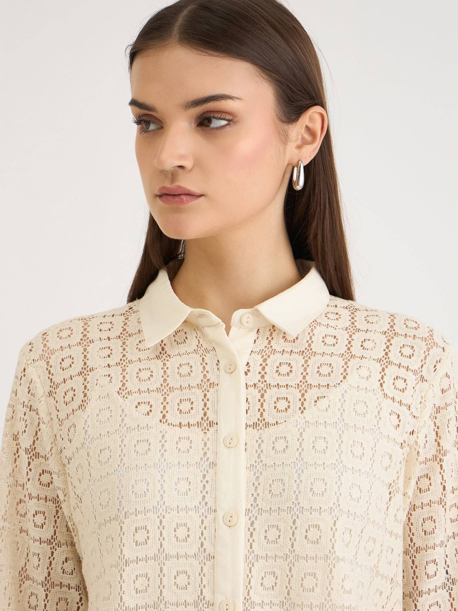 Elle Women Beige Textured Collar Shirt