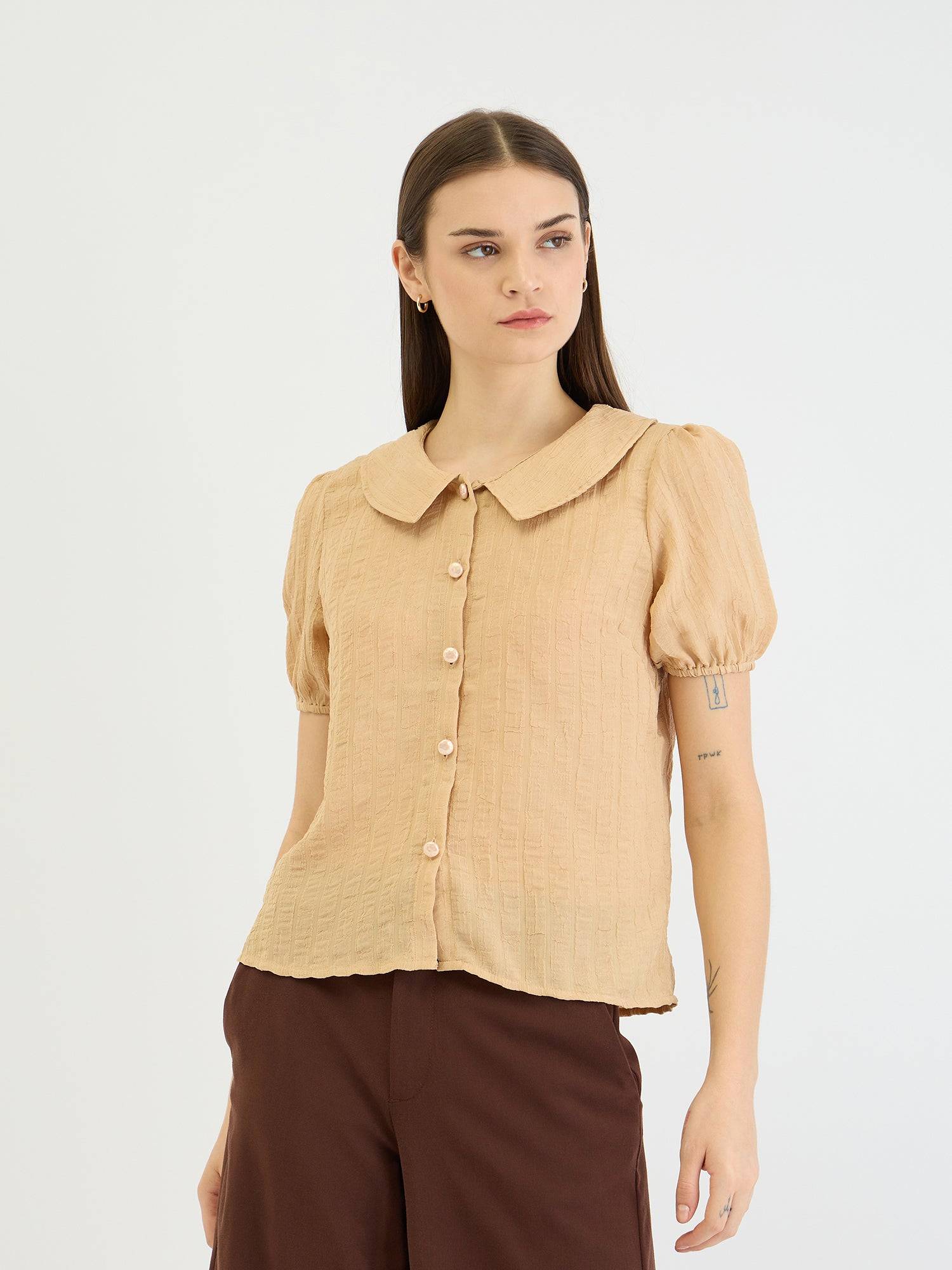 Elle Women Beige Textured Collar Top
