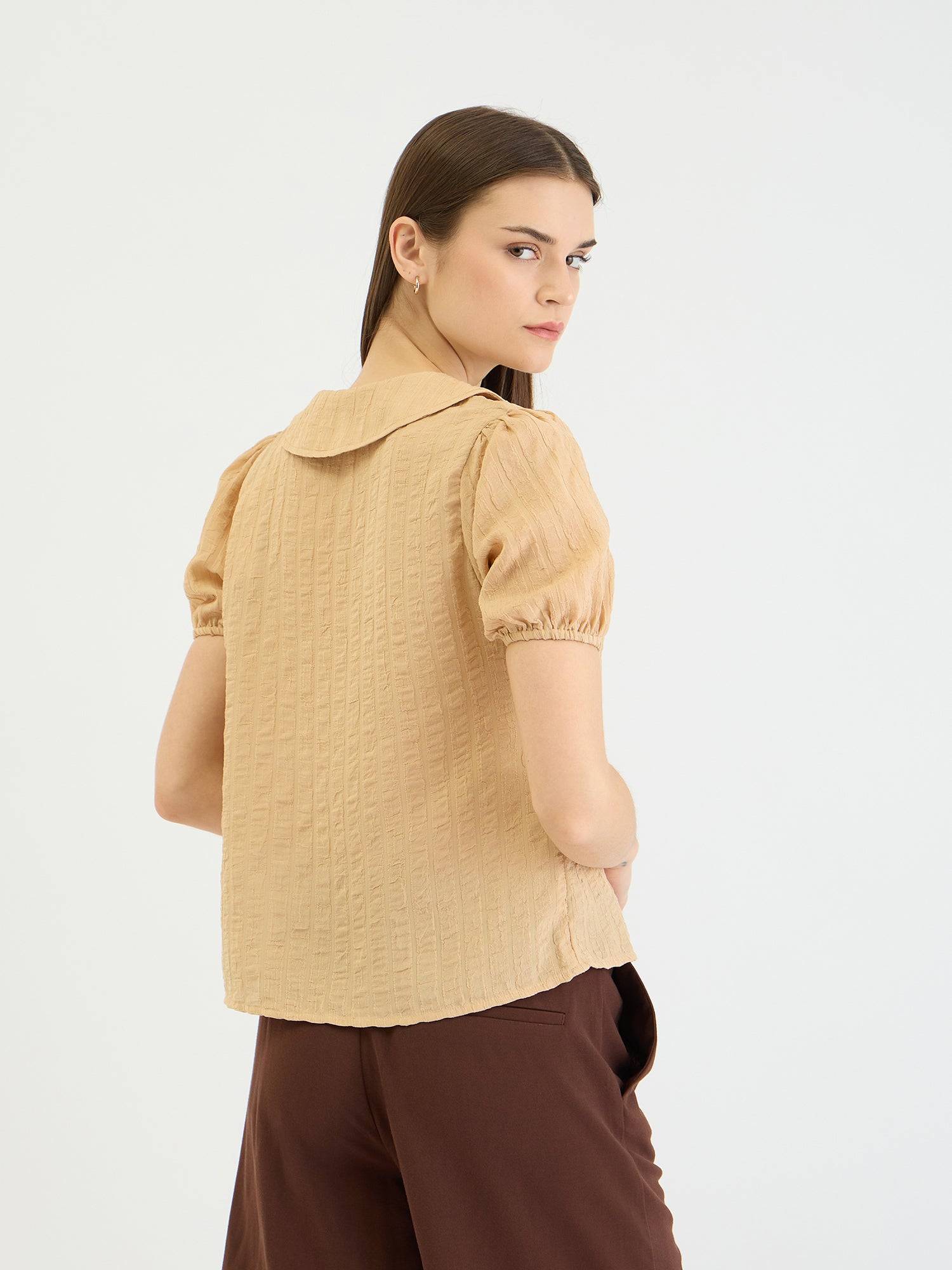Elle Women Beige Textured Collar Top
