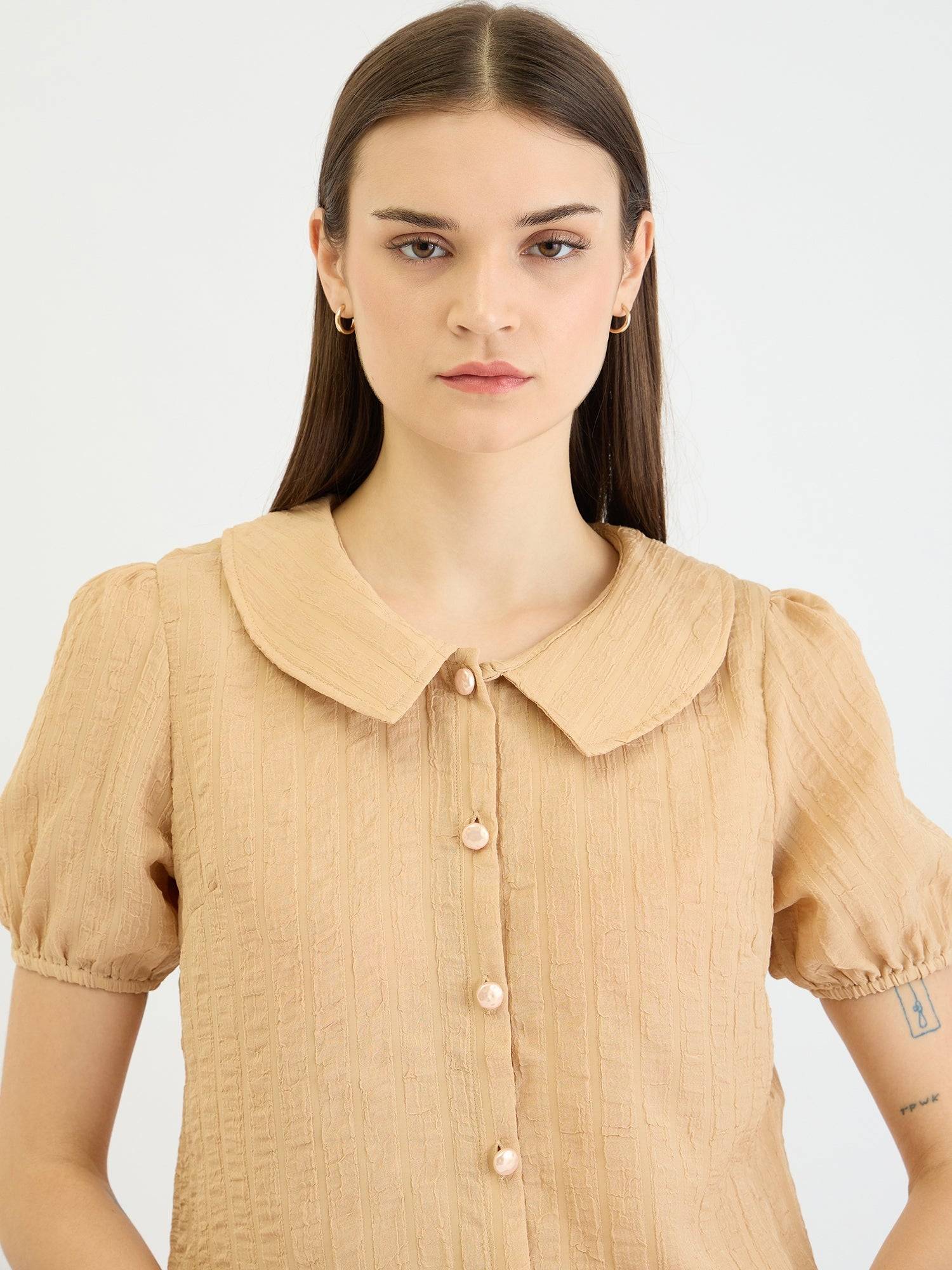 Elle Women Beige Textured Collar Top