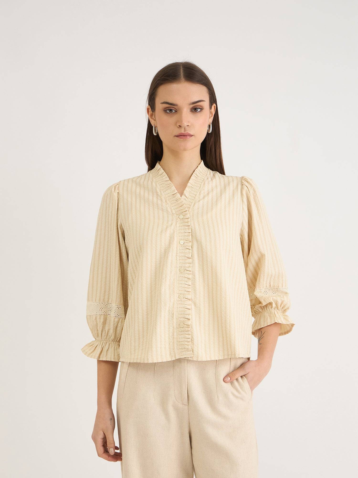 Elle Women Beige Striped V Neck Shirt