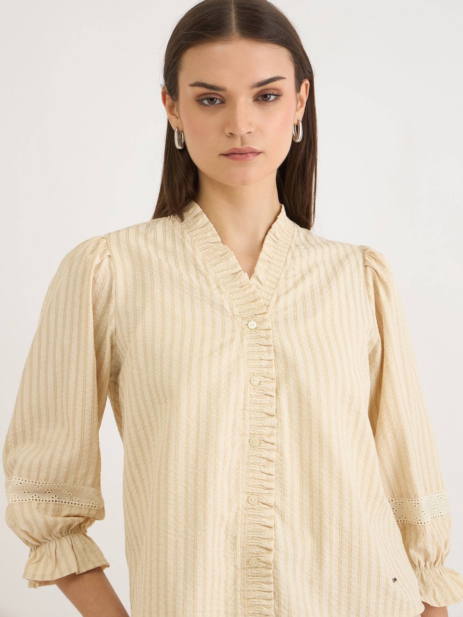 Elle Women Beige Striped V Neck Shirt