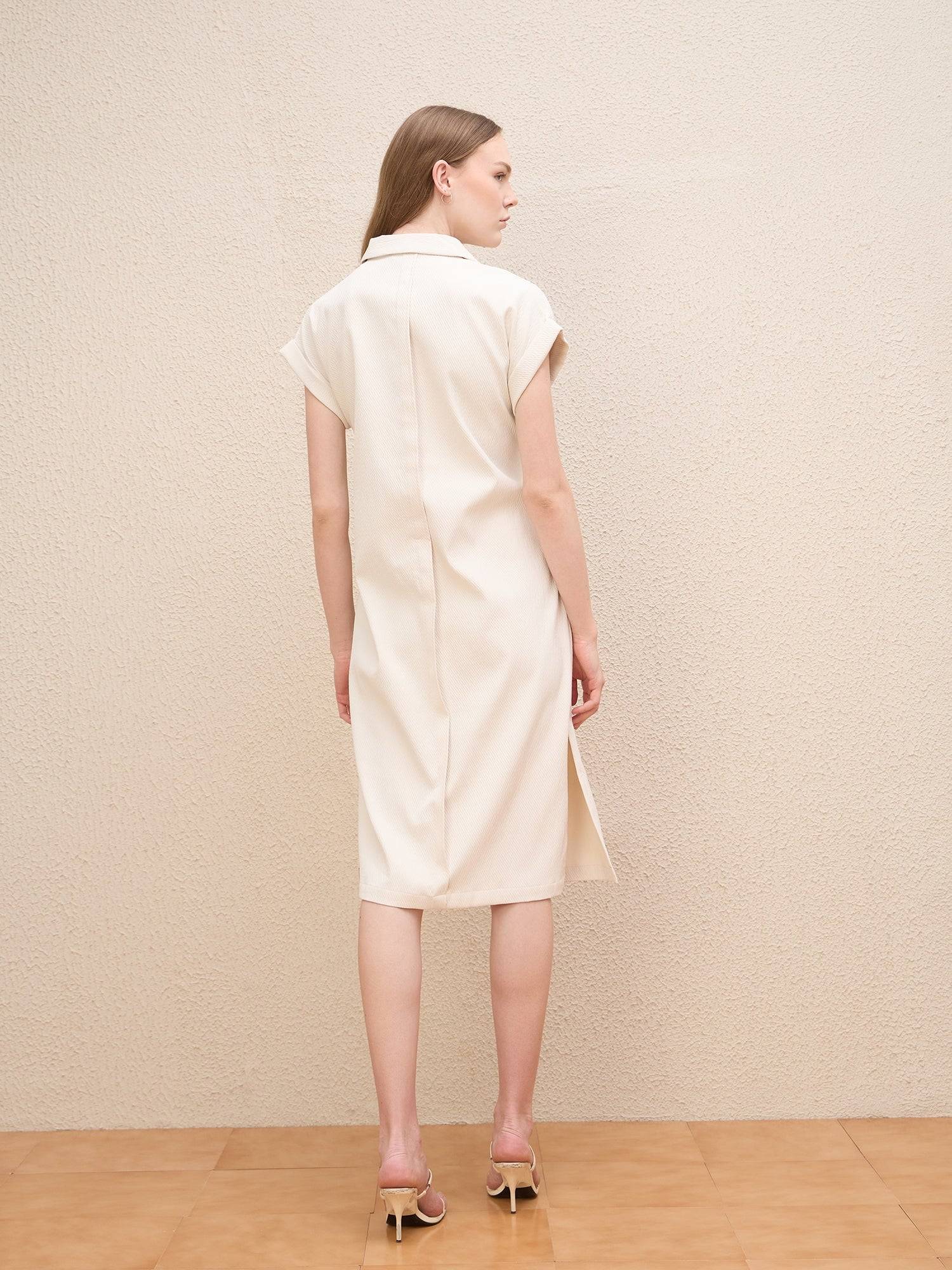 Iconic Women White Textured Collar Dress