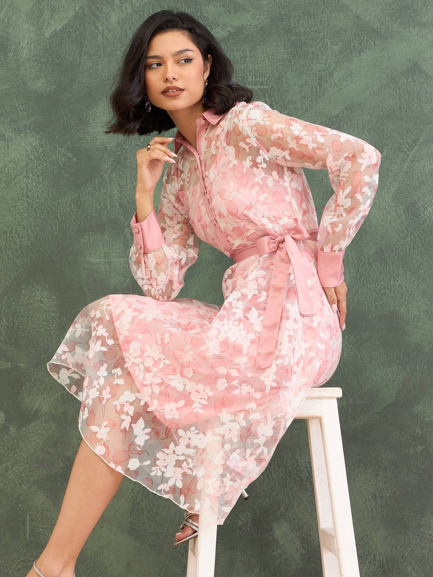 Iconic Women Pink Printed Shirt Collar Dress