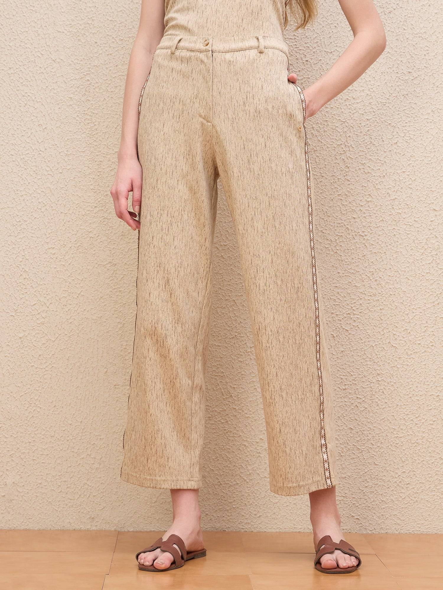Iconic Women Beige Straight Fit Textured Trouser