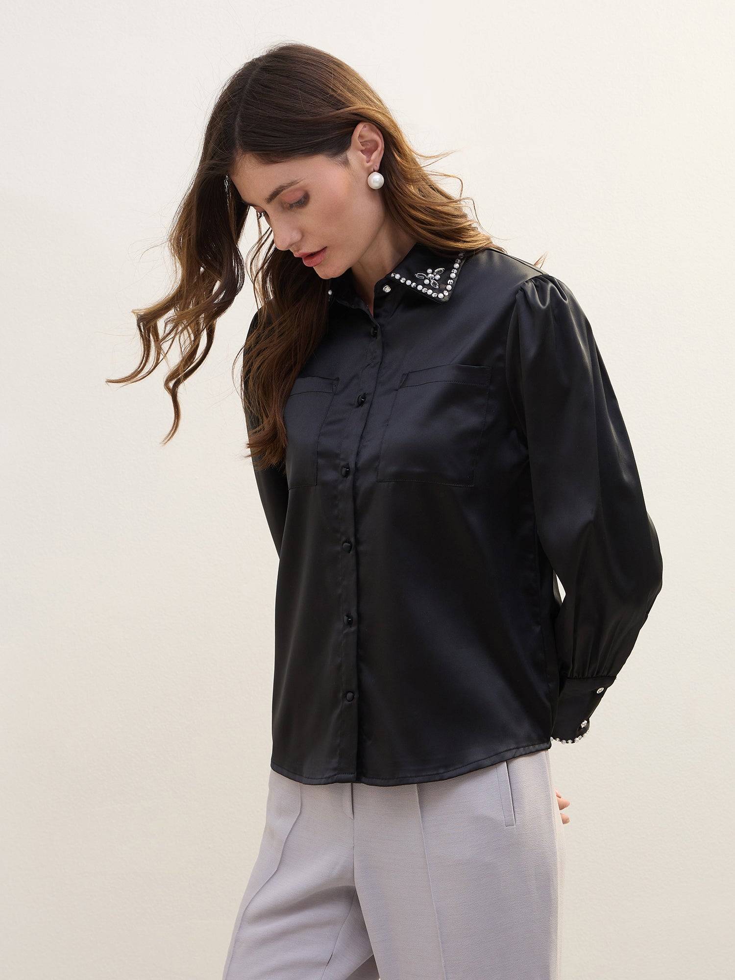 Iconic Women Black Solid Collar Shirt