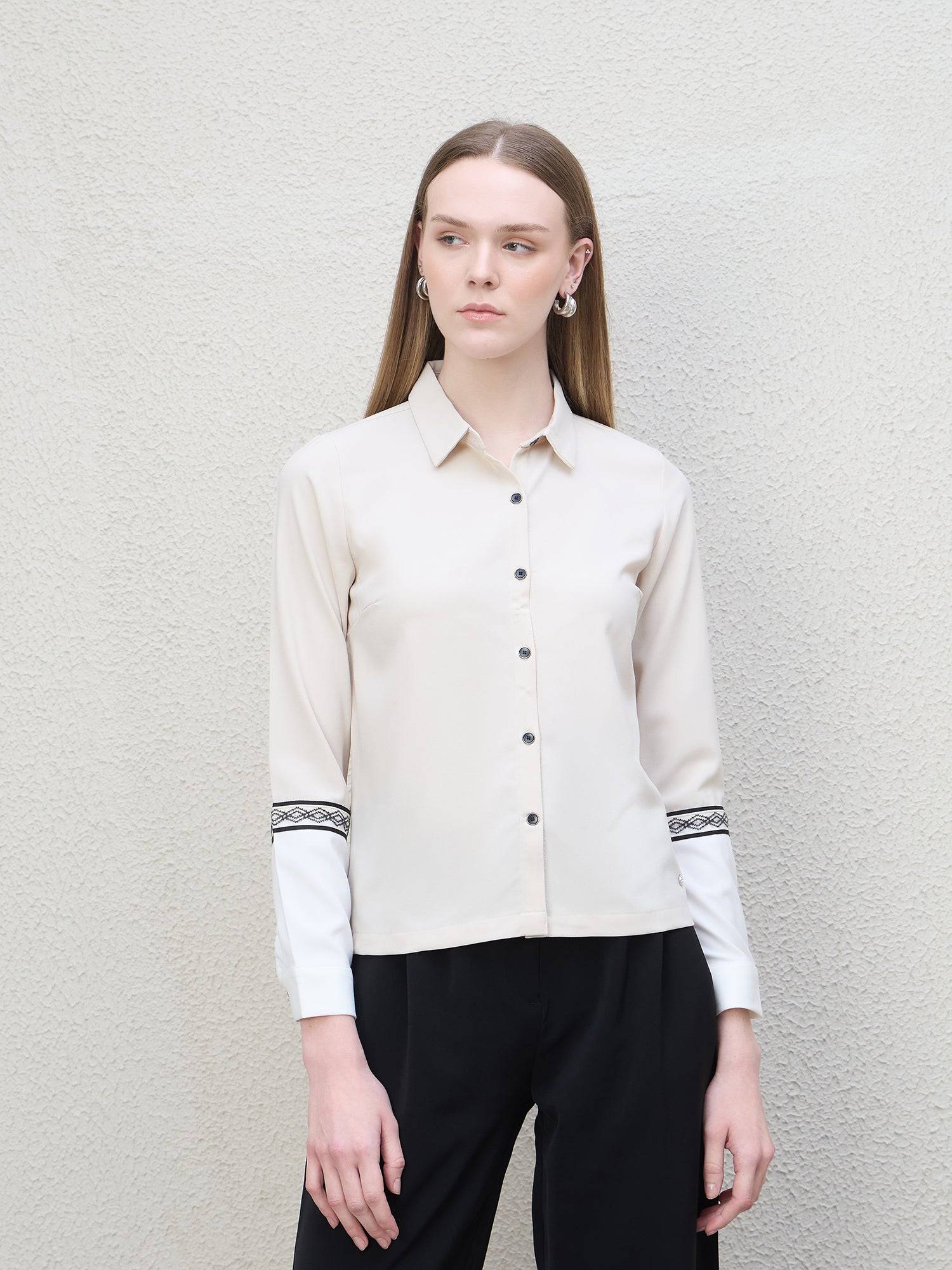 Iconic Women Beige Color Block Collar Shirt