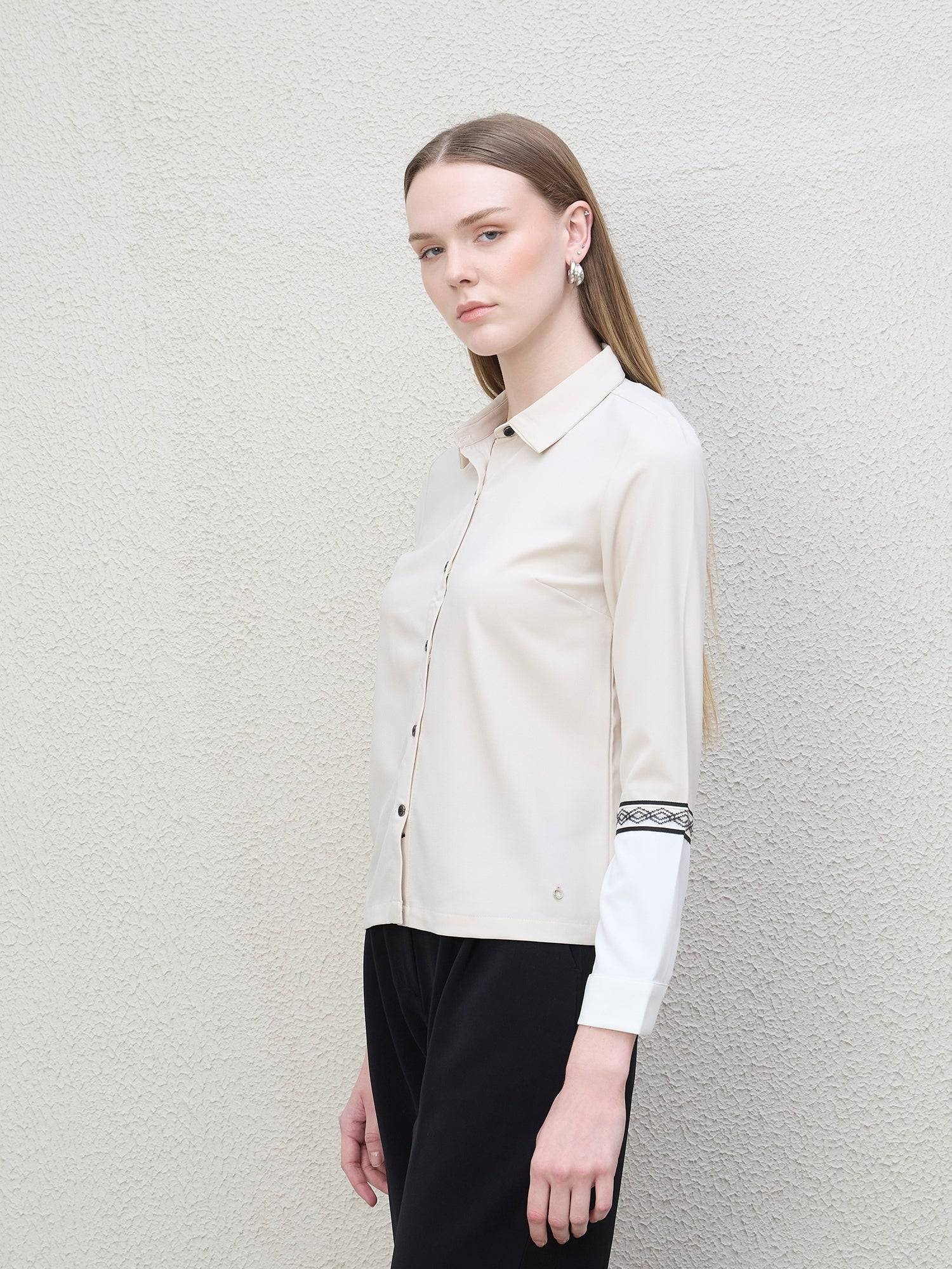 Iconic Women Beige Color Block Collar Shirt