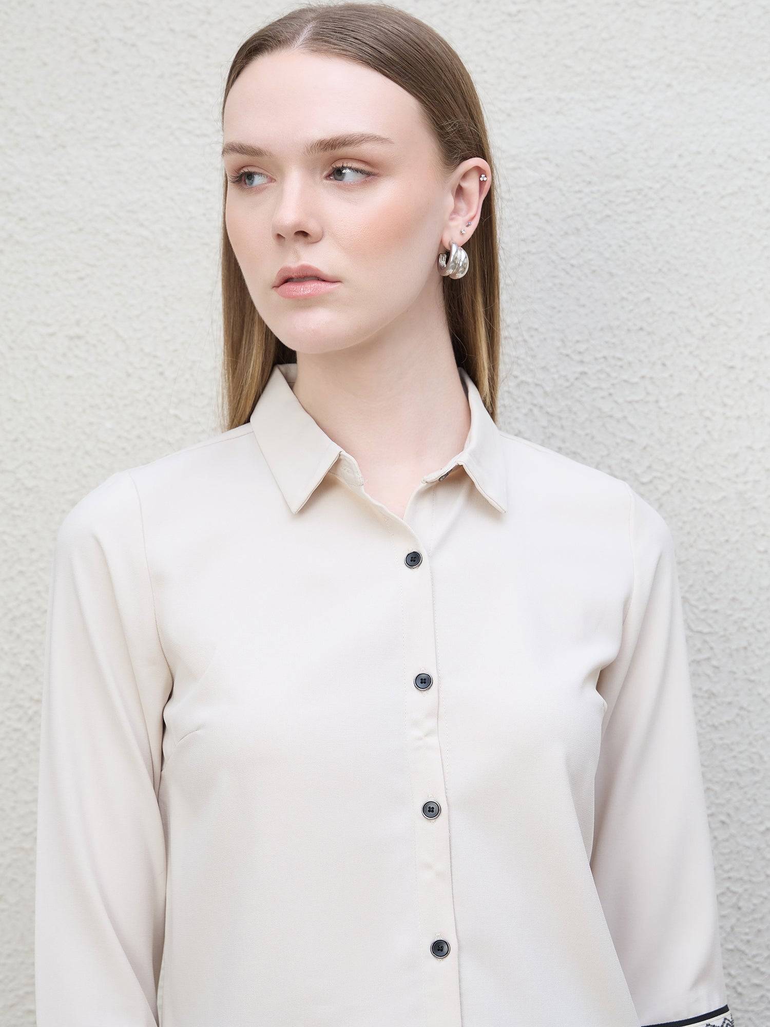 Iconic Women Beige Color Block Collar Shirt