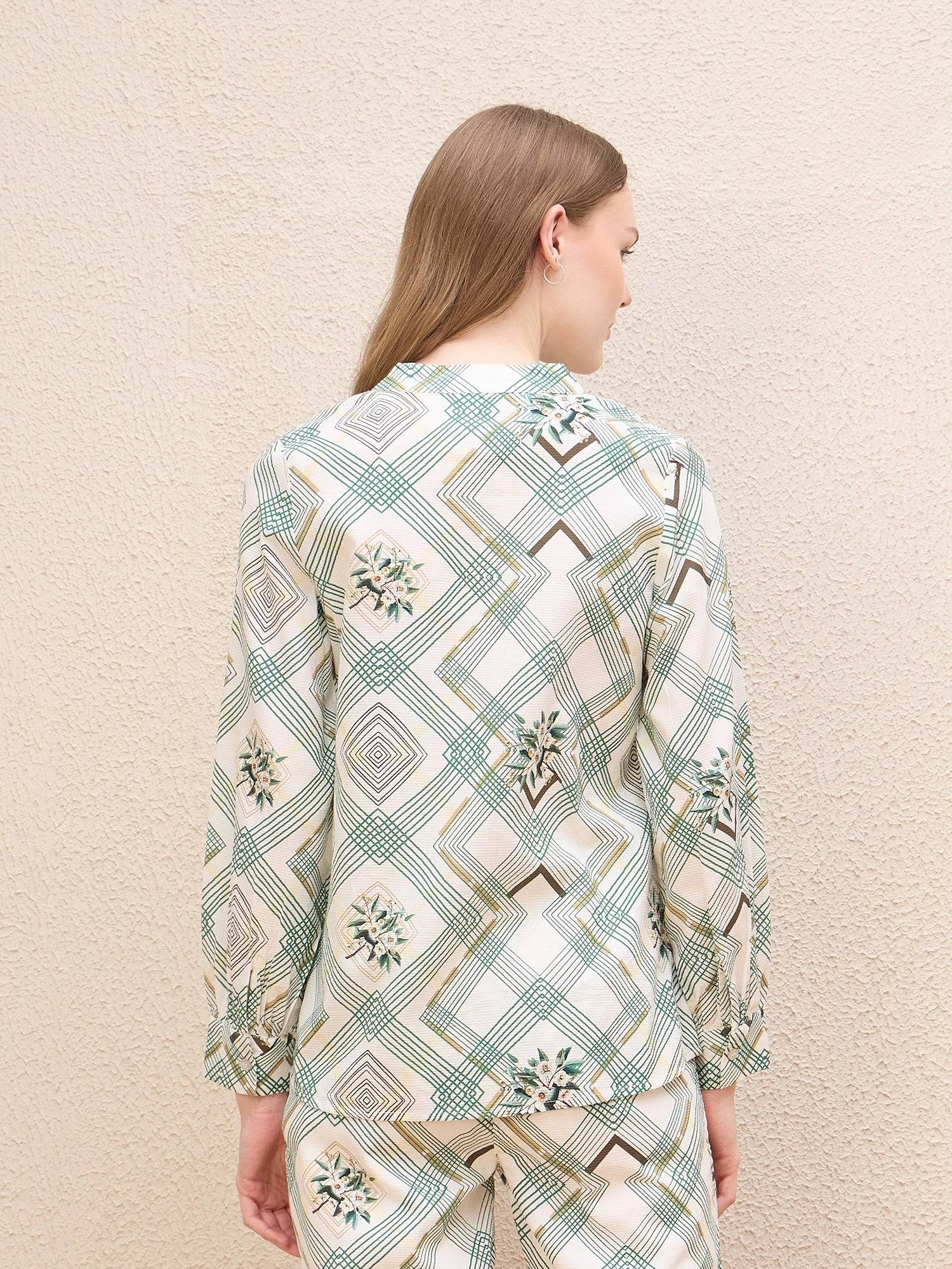 Iconic Women White Printed Band Collar Shirt