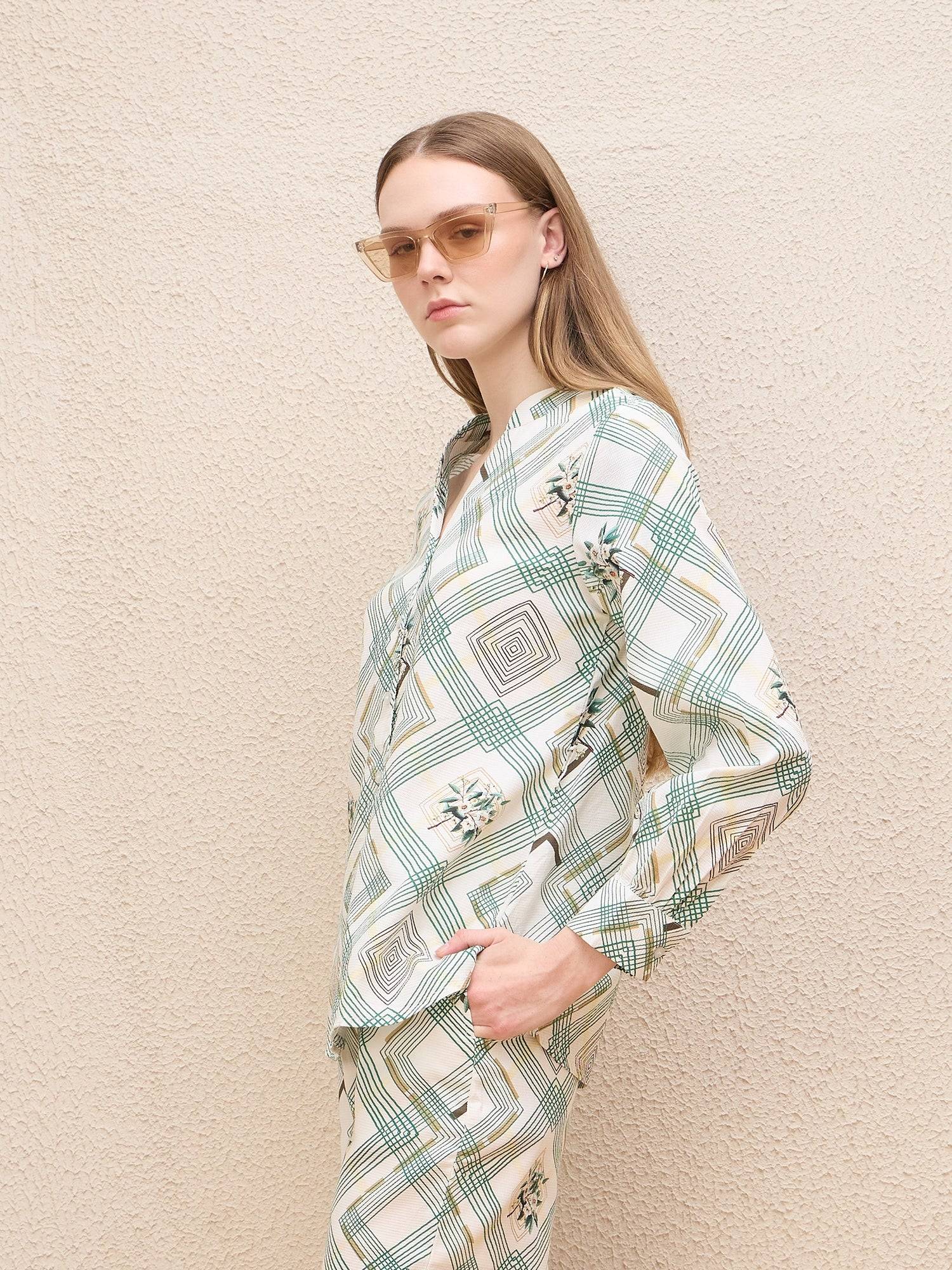 Iconic Women White Printed Band Collar Shirt