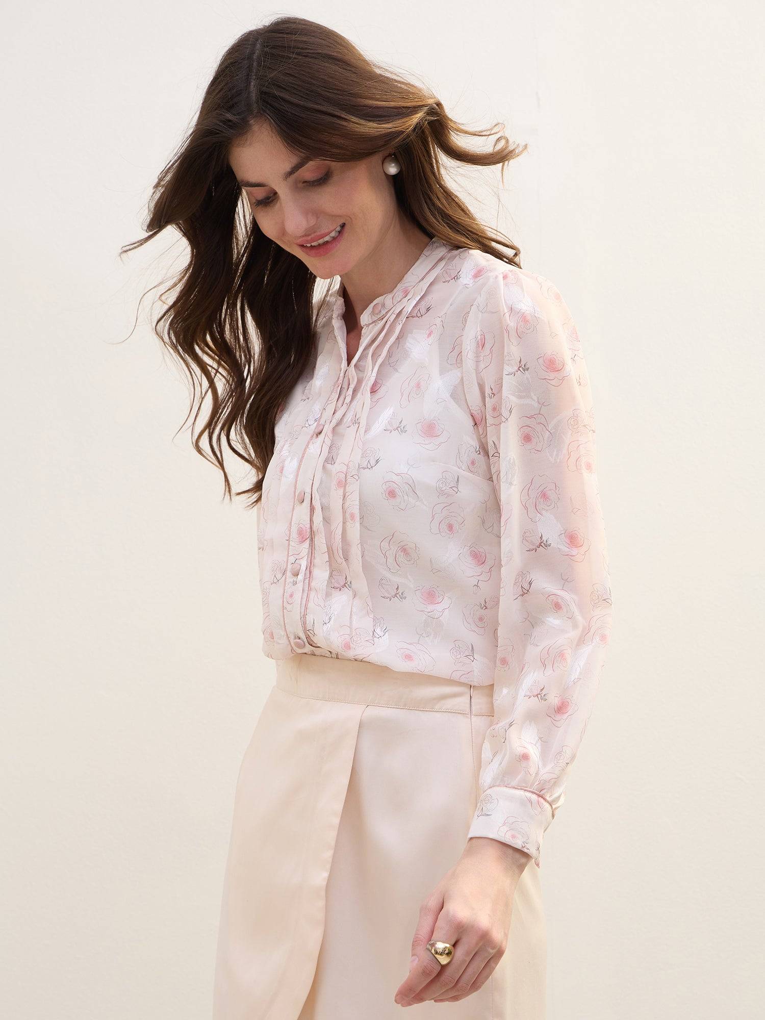 Iconic Women Pink Printed Band Collar Shirt