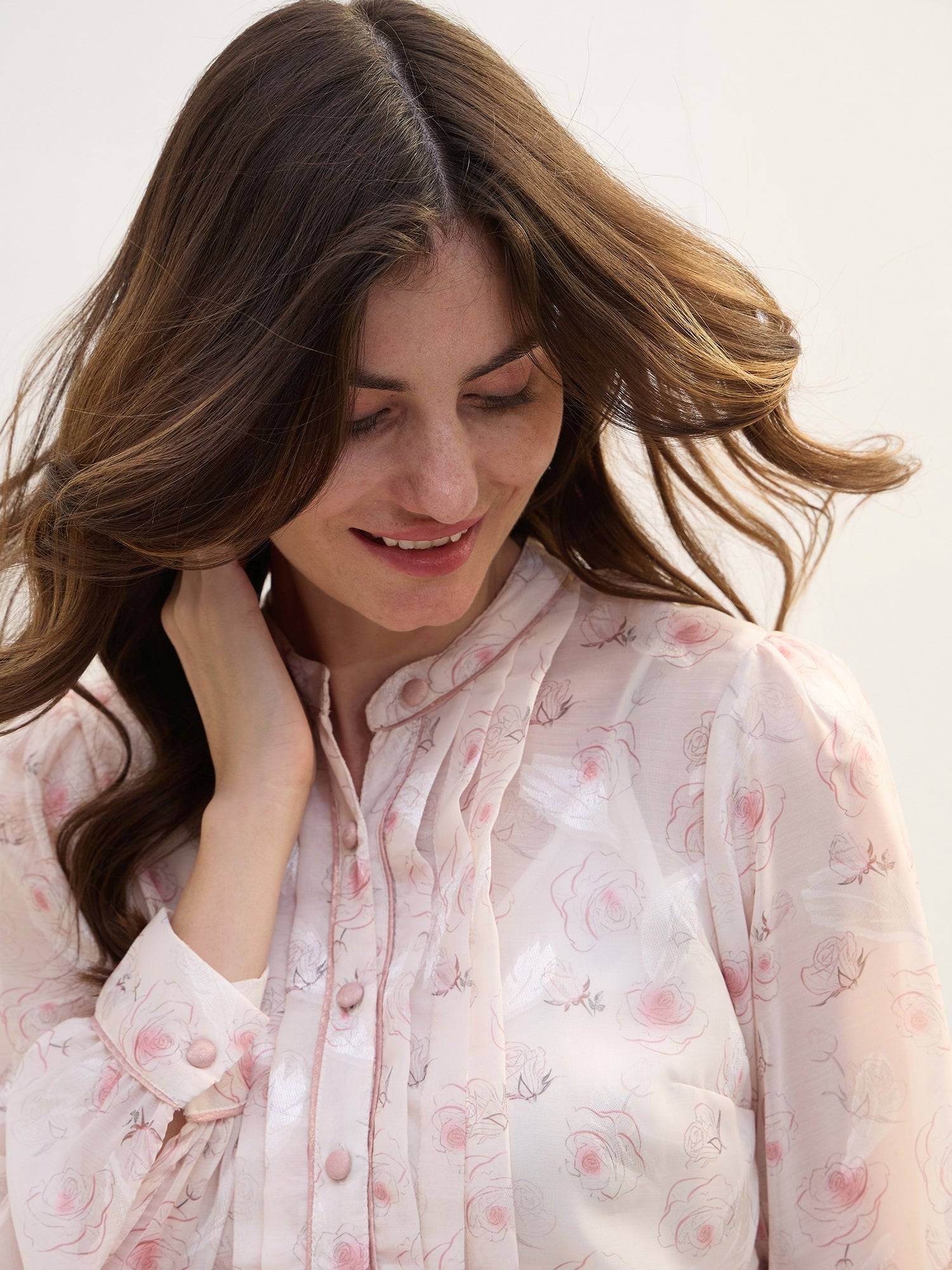 Iconic Women Pink Printed Band Collar Shirt