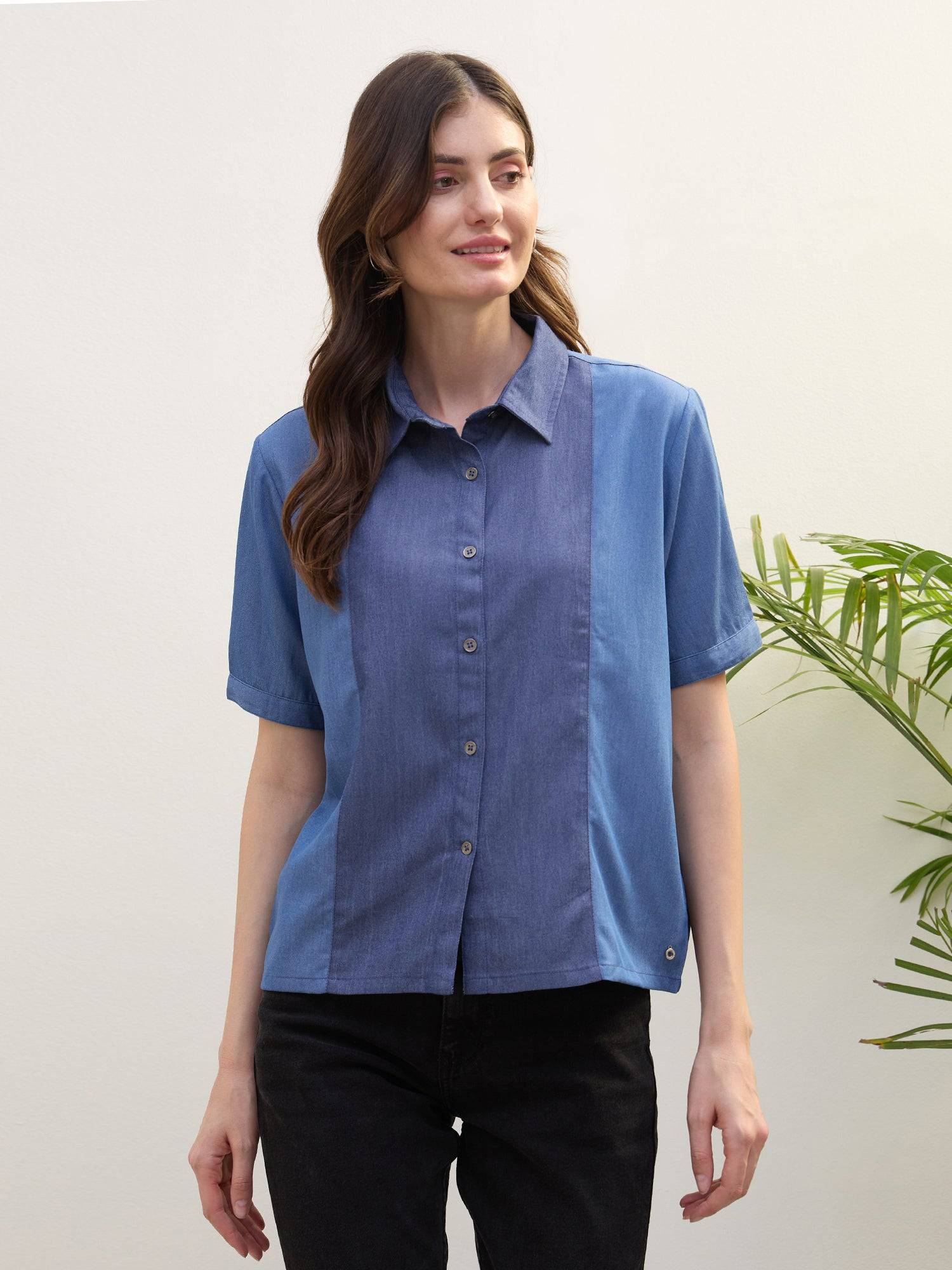 Iconic Women Blue Color Block Collar Shirt