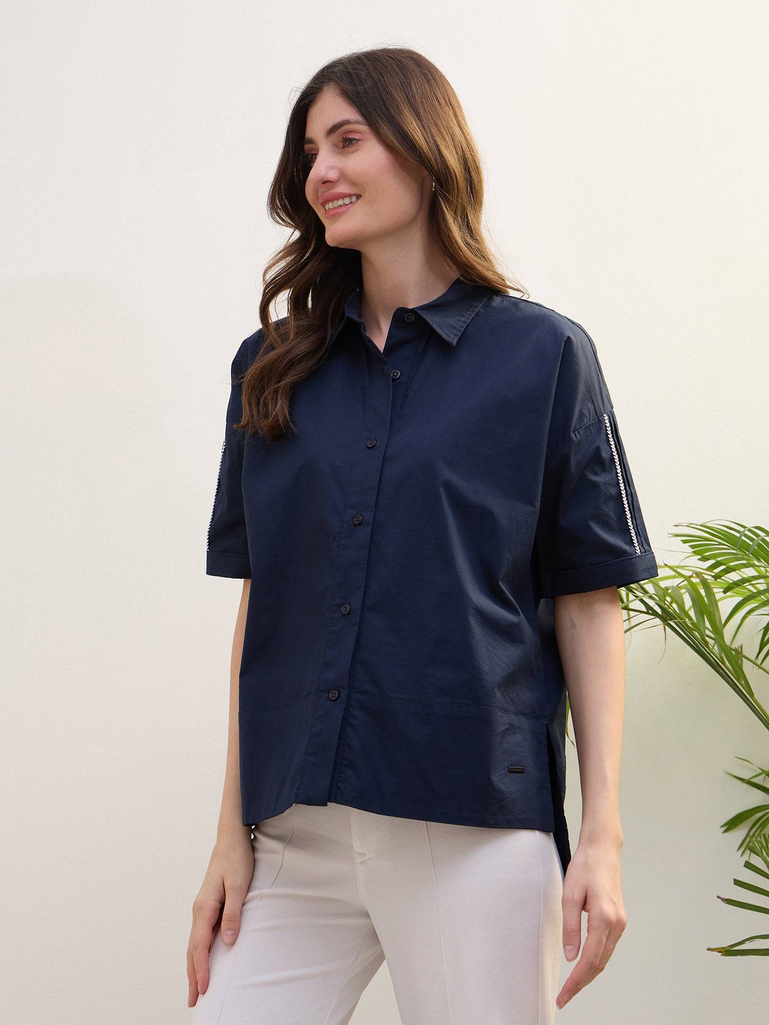 Iconic Women Blue Solid Collar Shirt