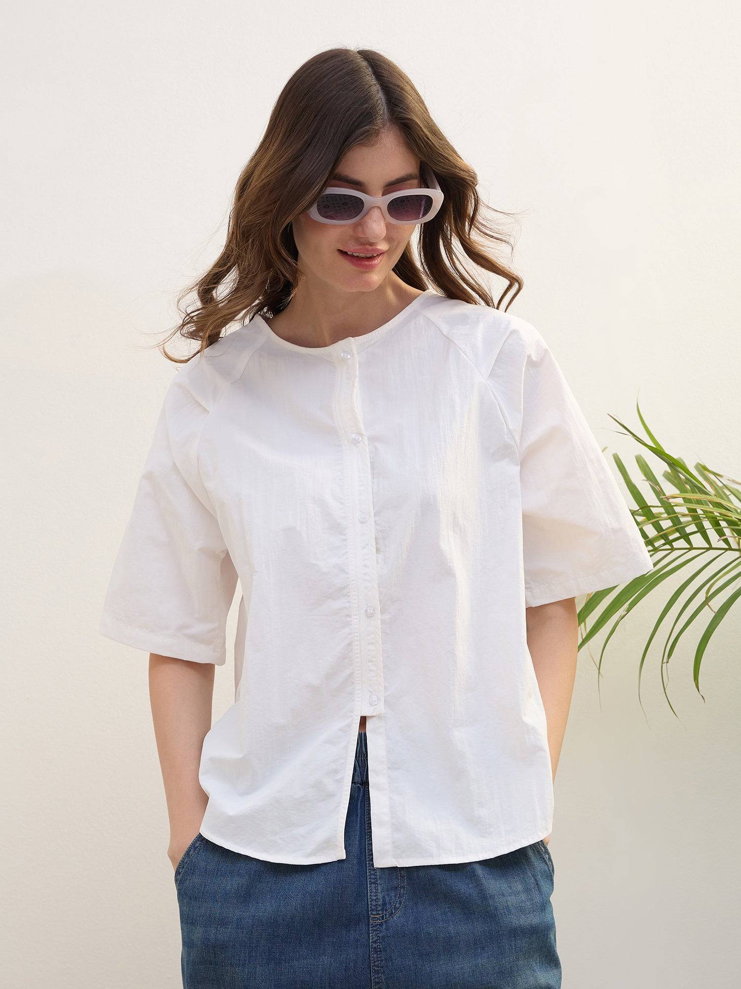 Iconic Women White Solid Round Neck Shirt