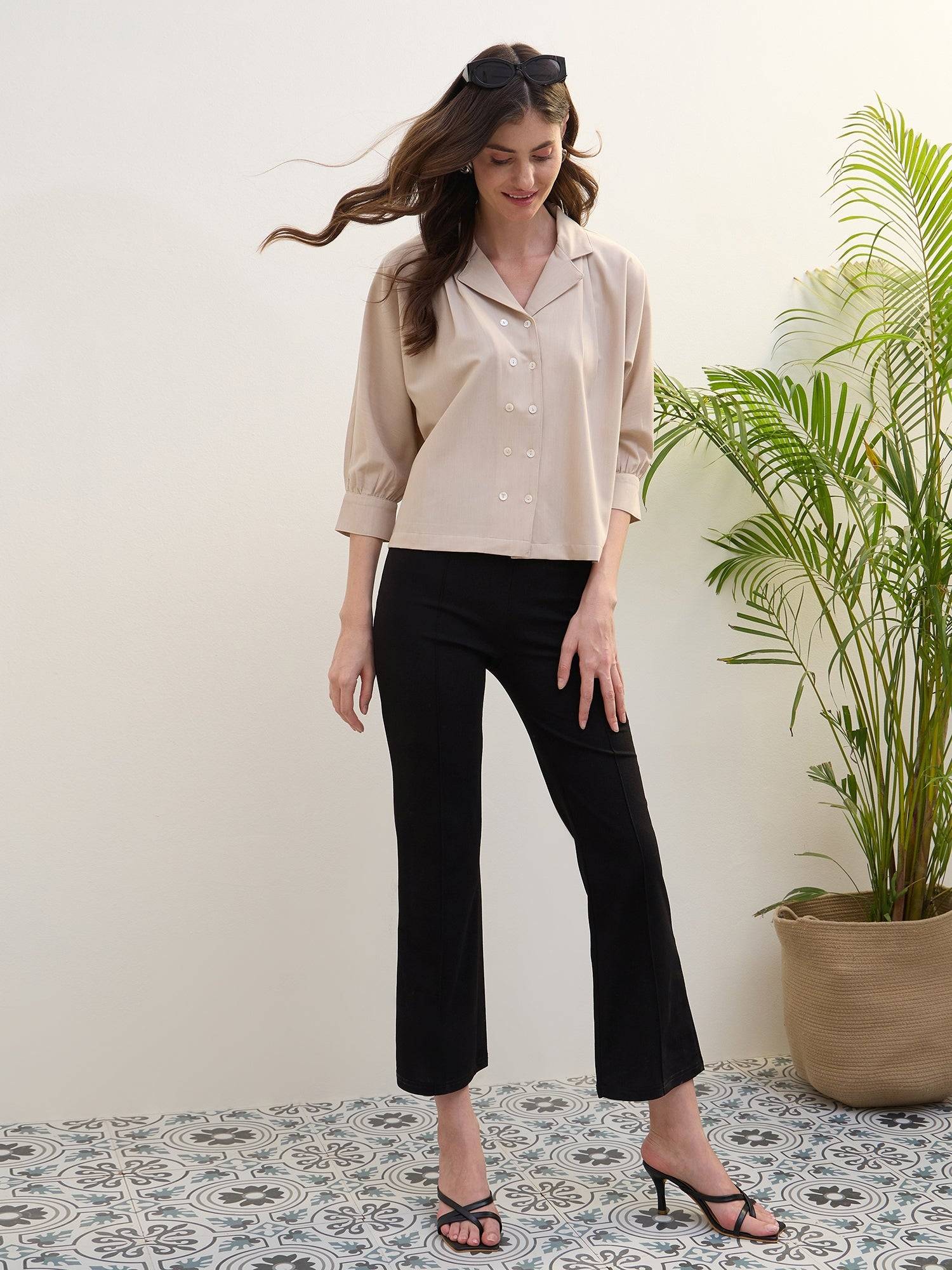 Iconic Women Beige Solid Notch Collar Shirt