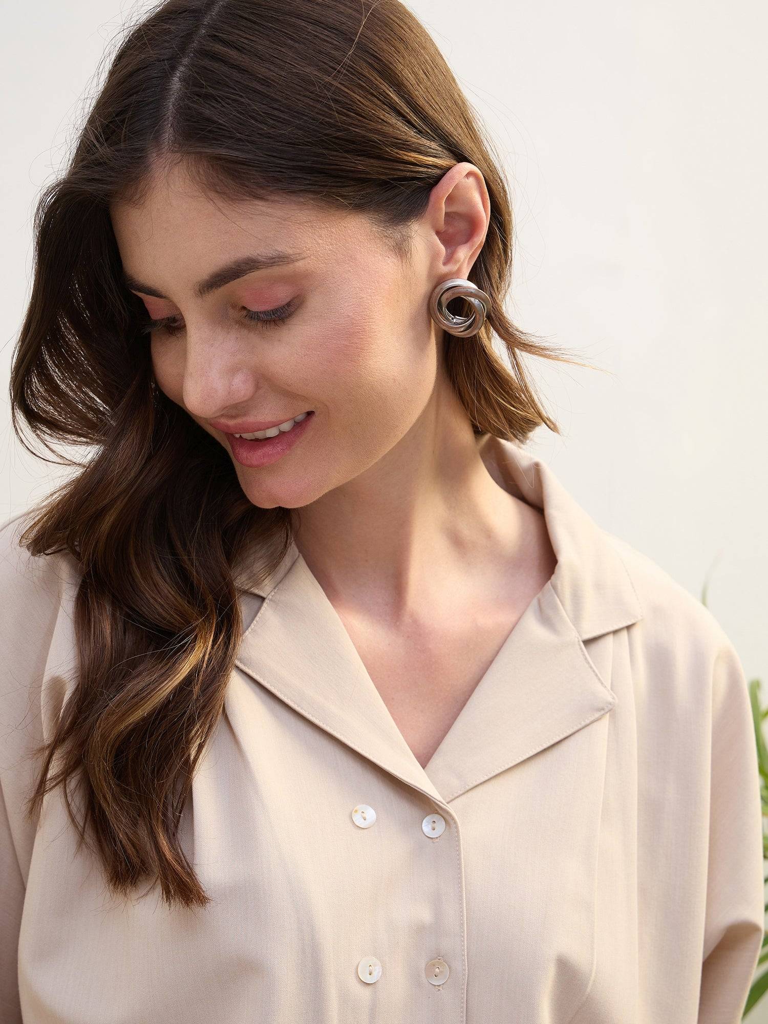 Iconic Women Beige Solid Notch Collar Shirt