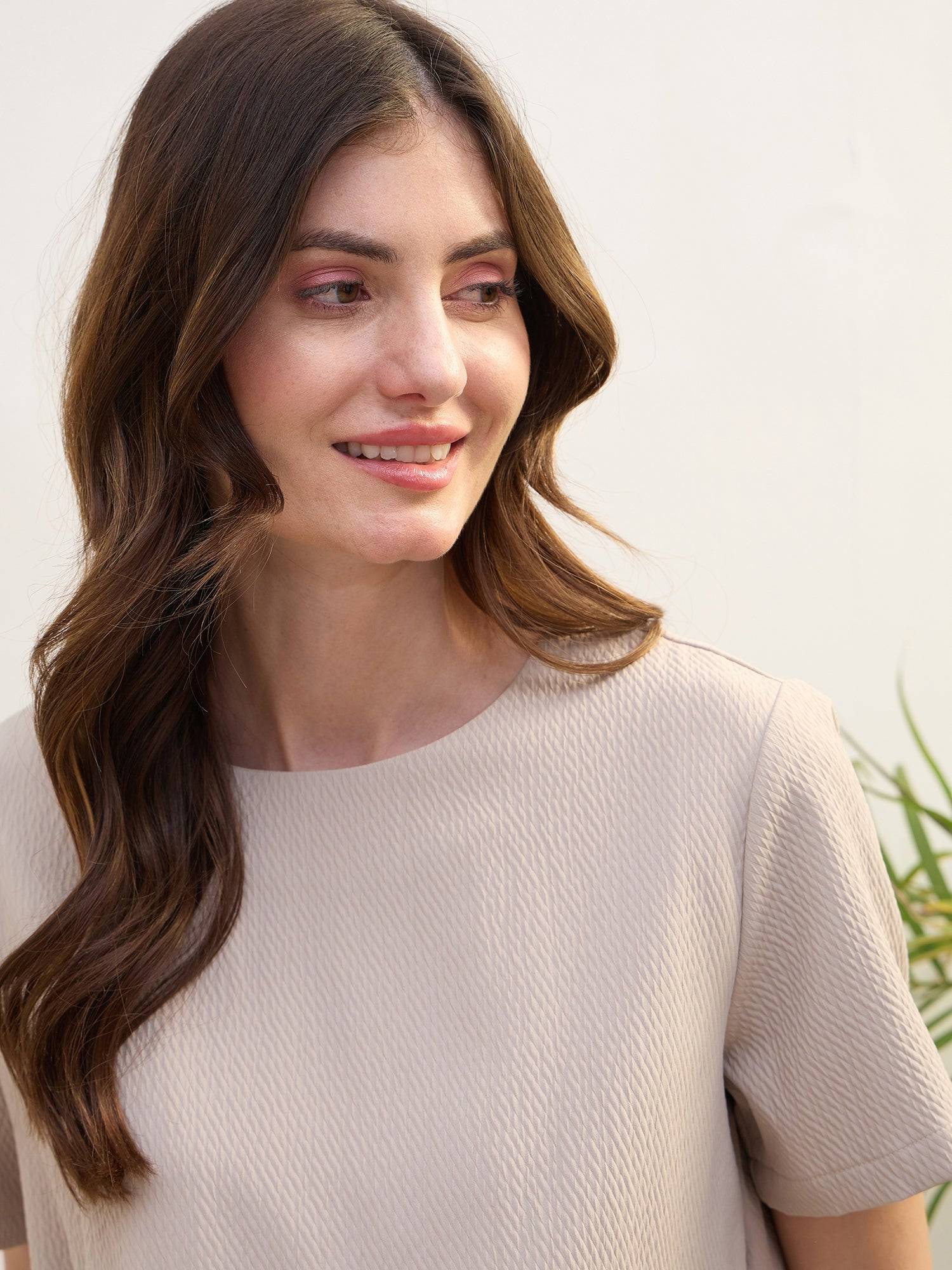 Iconic Women Beige Textured Round Neck Top